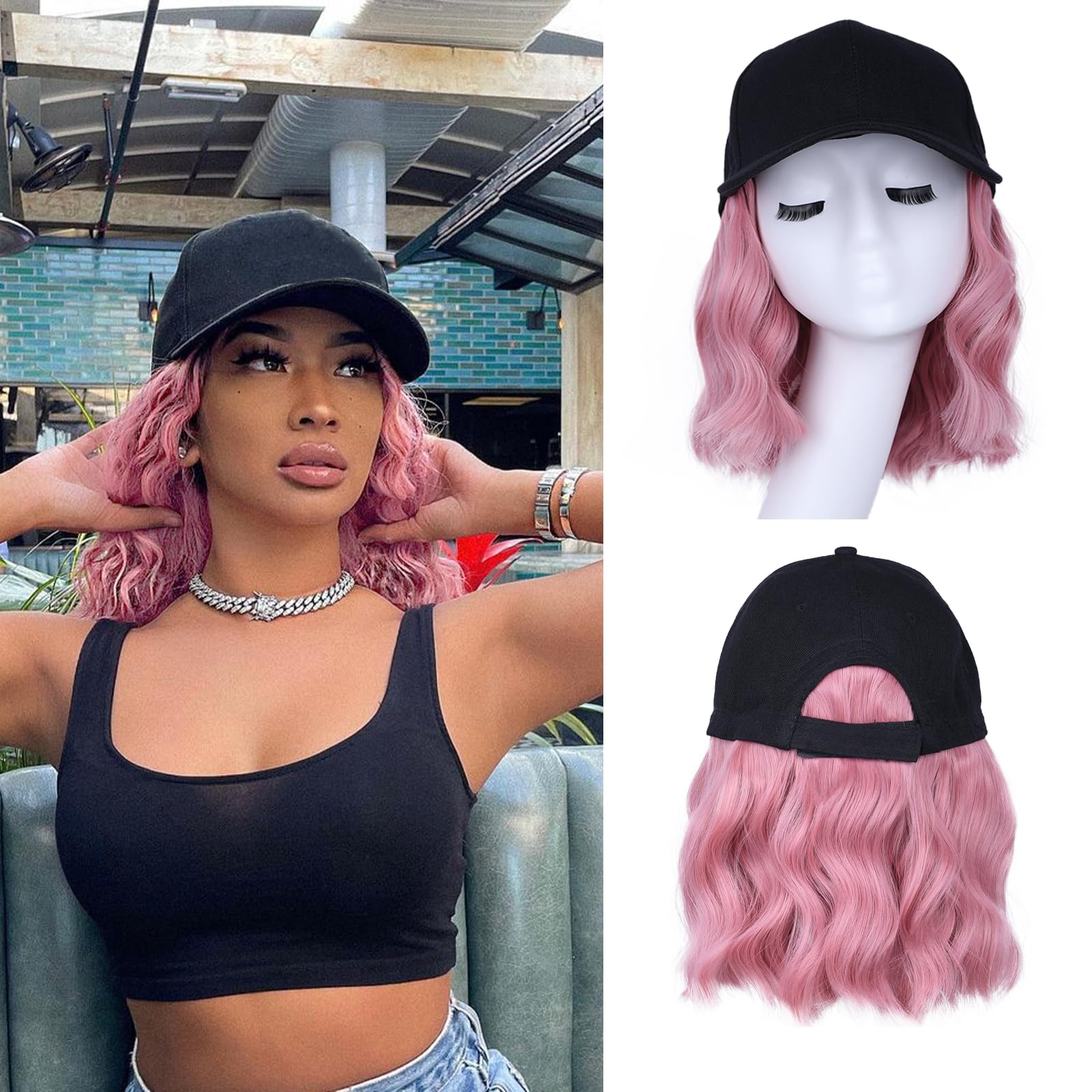 Hat Wigs for Women Baseball Cap with Hair Extensions Short Wave Synthetic baseball Cap Wig for Women Adjustable Hat with Hair Attached for Daily Use(