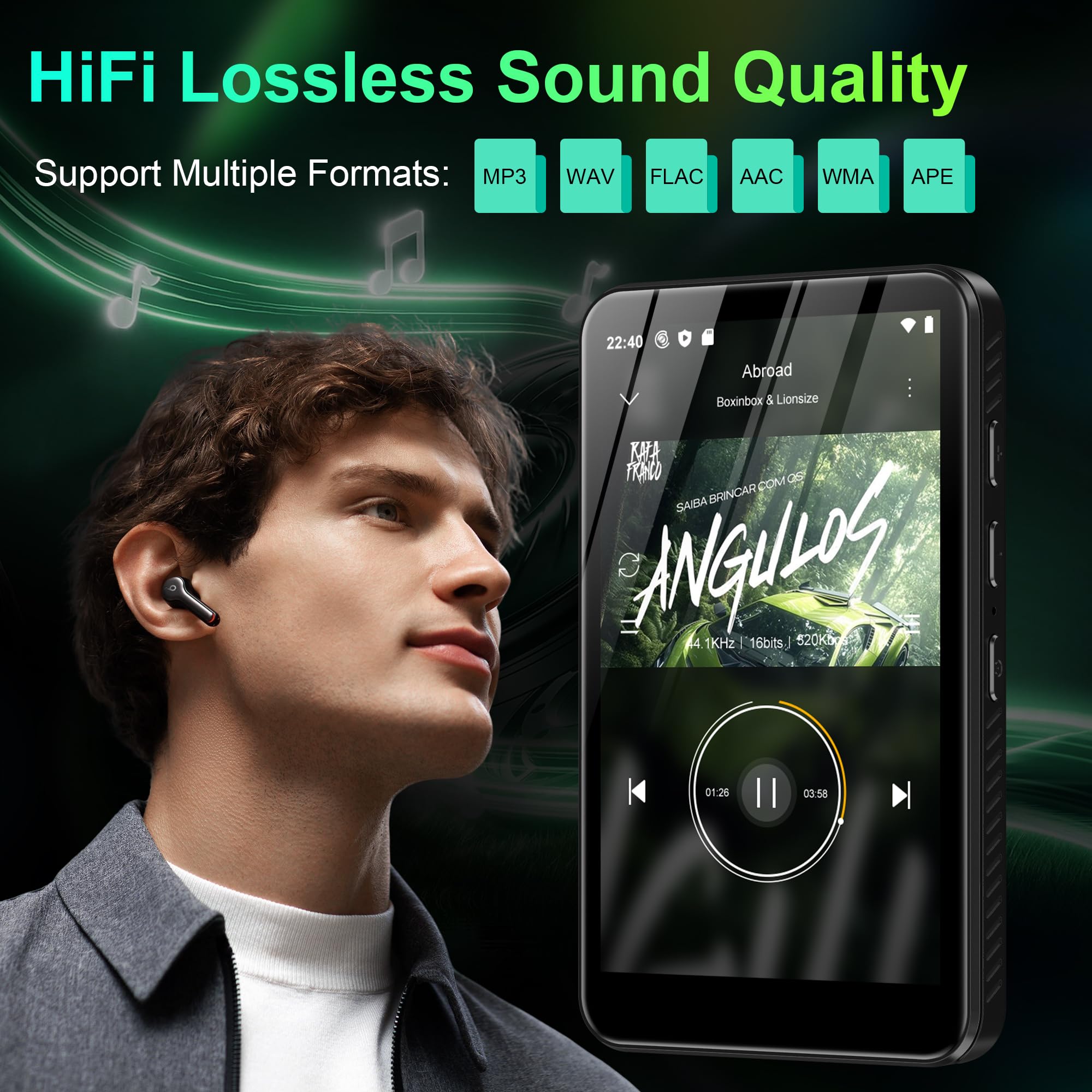 SWOFY D08 Android 13 MP3 Player 32GB, 4 Zoll Touchscreen mit Bluetooth & WiFi, Unterstützt Spotify, Audible, Play Store & FM Radio, Erweiterbar bis 1TB, für Unterwegs