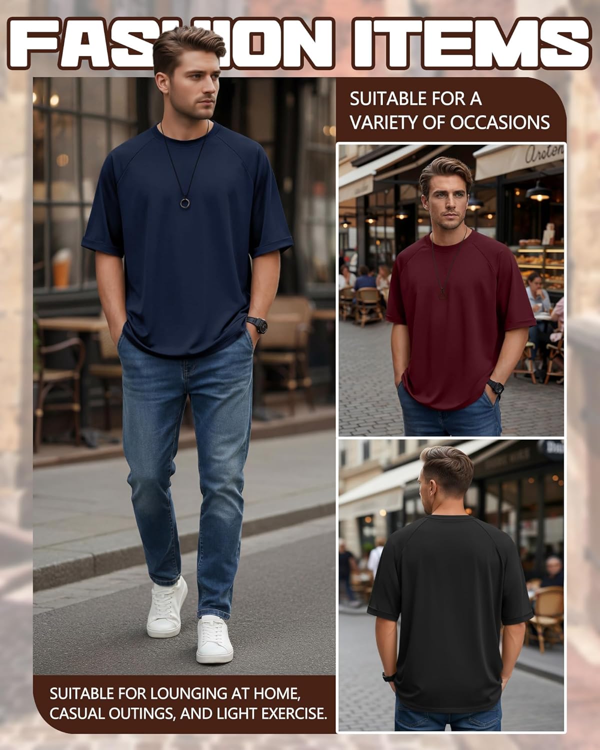 August Alley 3 Pack Mens Oversized T-Shirts Rolled Short Sleeve Tee Crew Neck Raglan Loose Shirts Solid Summer Casual Tops