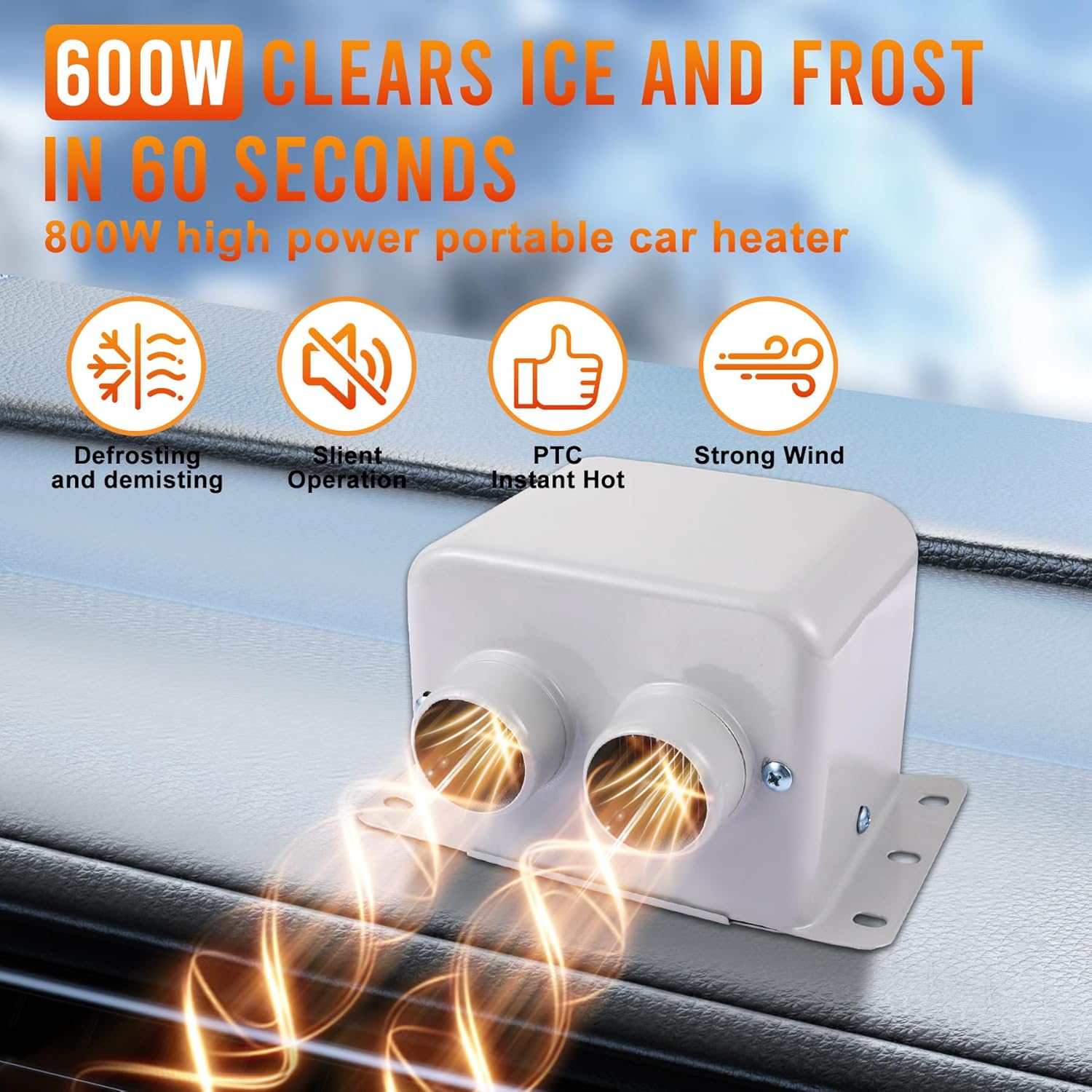 600W 12V Car Heater Defroster, Upgraded Portable Windshield Defogger with Dual Outlets, PTC Ceramic Fast Heating for SUV Truck Vehicle, Efficient Demisting & Anti-Frost Device