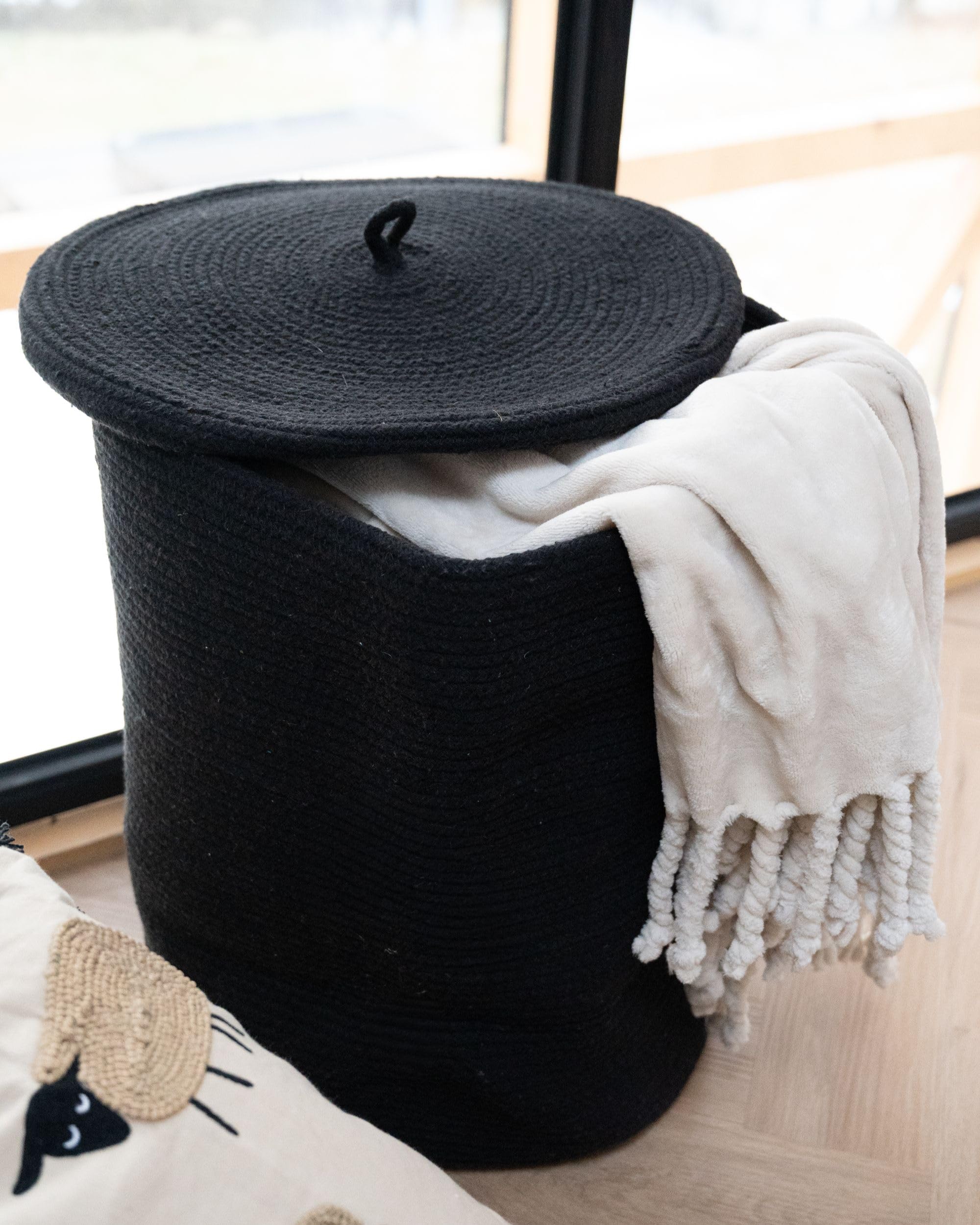 Korb Baumwolle schwarz geflochten mit Deckel Boho-Design Silopi
