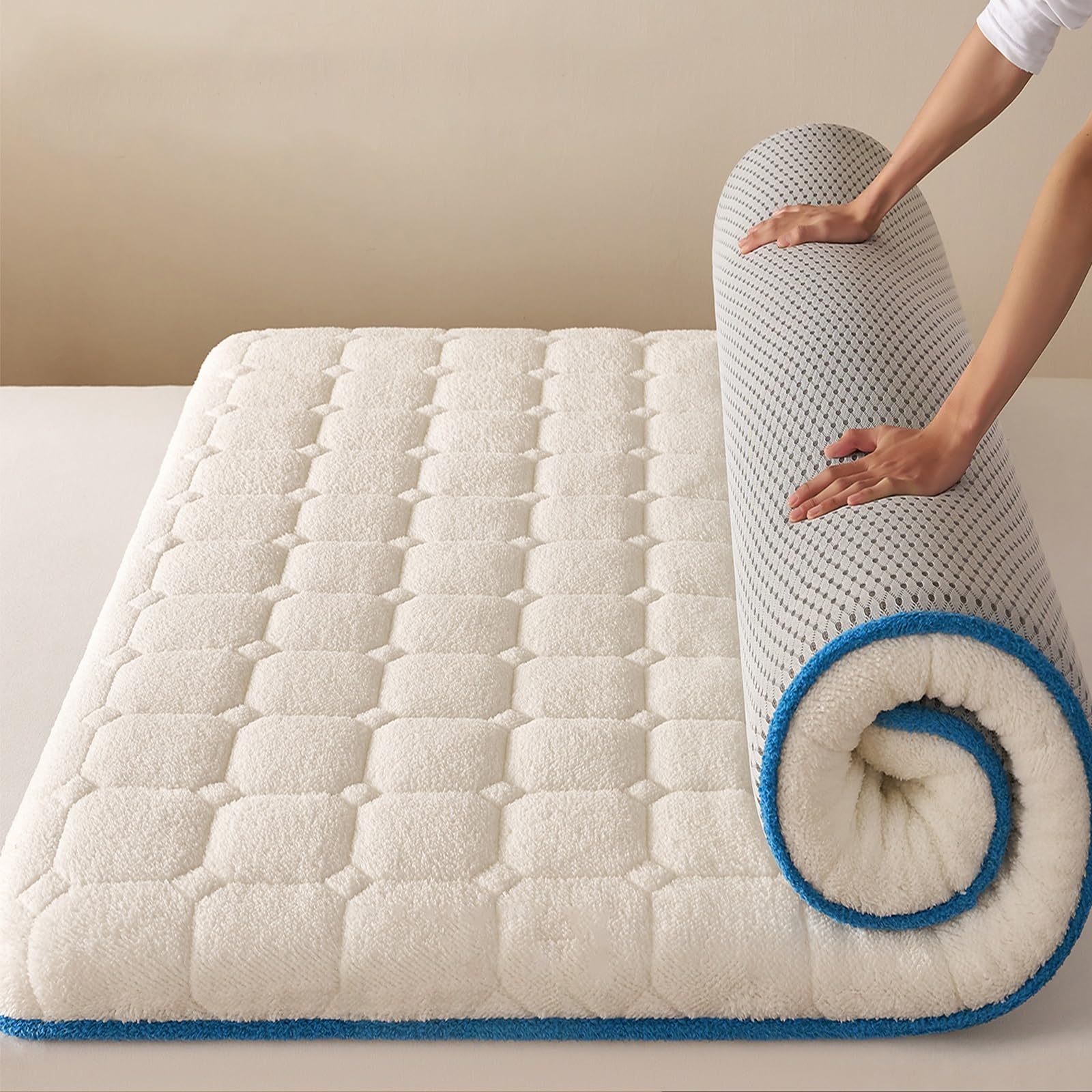 NEPHRA Futon Giapponese Pieghevole con Spessore 7 cm in Pile di Peluche e Memory Foam, per Letti Singoli, Matrimoniali, King Size, Ospiti, Dormitori, Campeggio, Divani e Sdraio(White,80 x 190 cm)