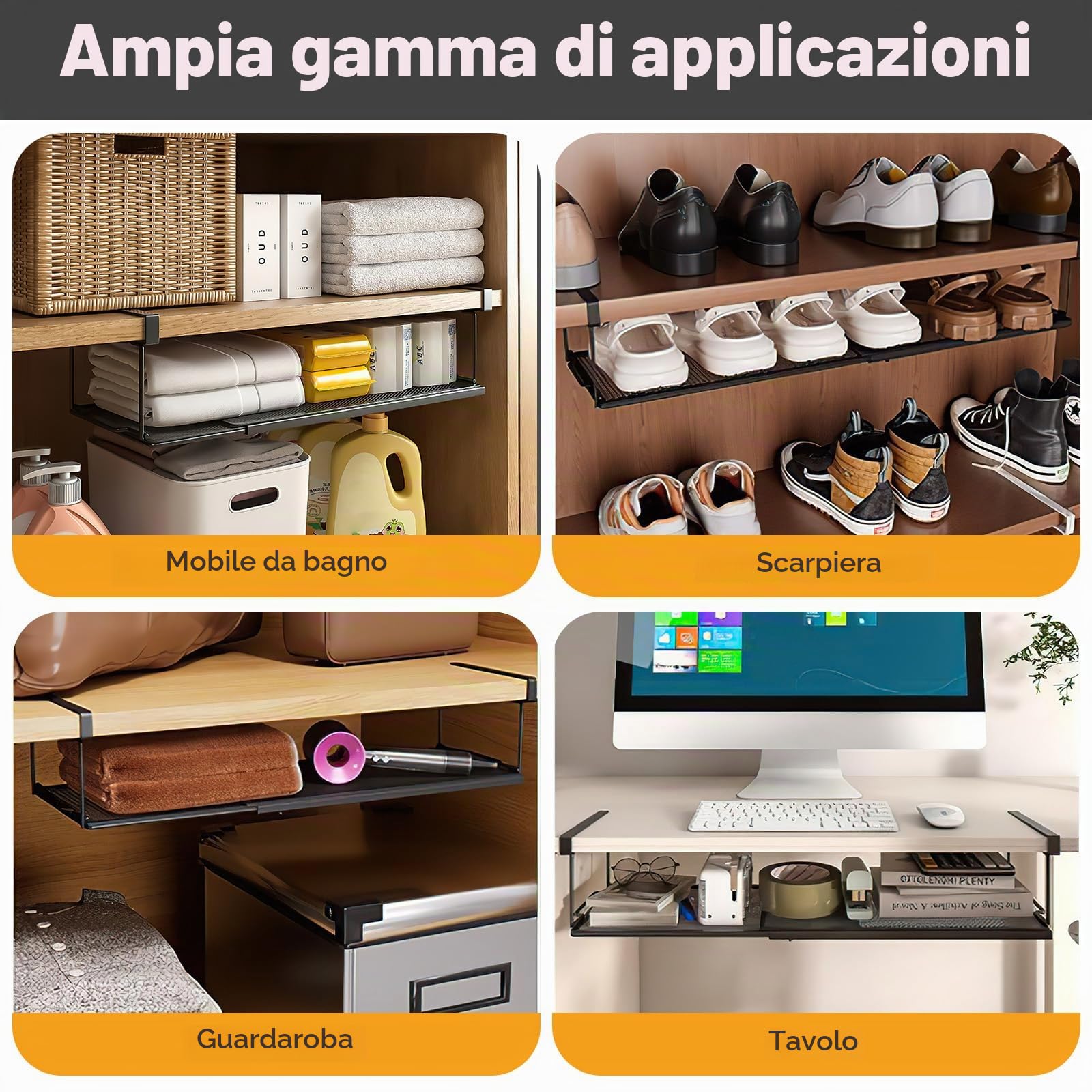 Cestello Portaoggetti Sotto Il Ripiano, Cesto Portaoggetti Estensibile Sotto Mensola, Organizer Dispensa Multifunzionale Cesto sotto Ripiano per Cucina, Ufficio, Dispensa, Bagno, Armadio(Nero)