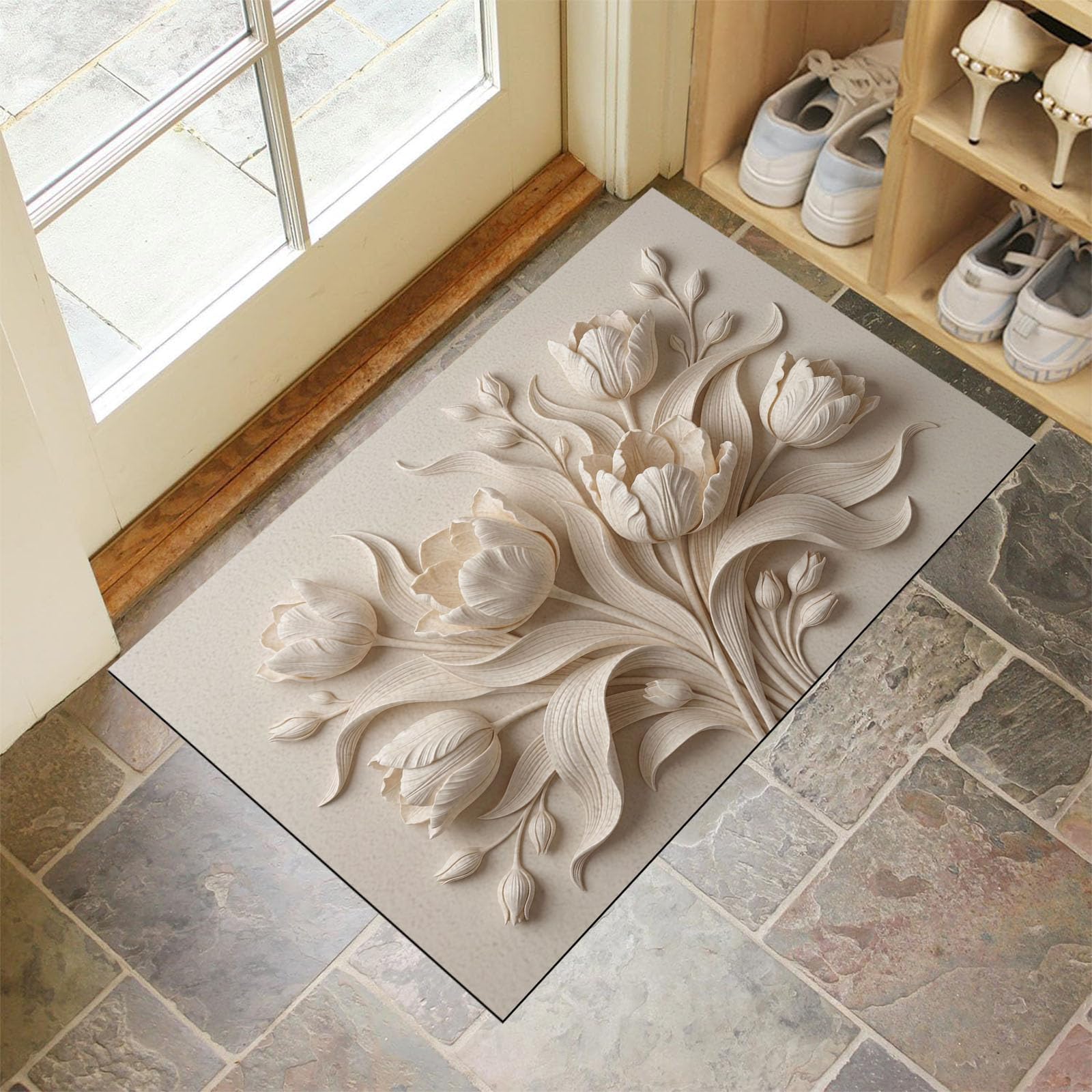 Zerbino Ingresso Interno Rilievo Tridimensionale Un Elegante Tulipano, Zerbino Di Benvenuto Lavabile Morbida Piante Naturali, Antiscivolo Tappeto Da Decorazioni Beige Per Casa Porta, 60X90Cm