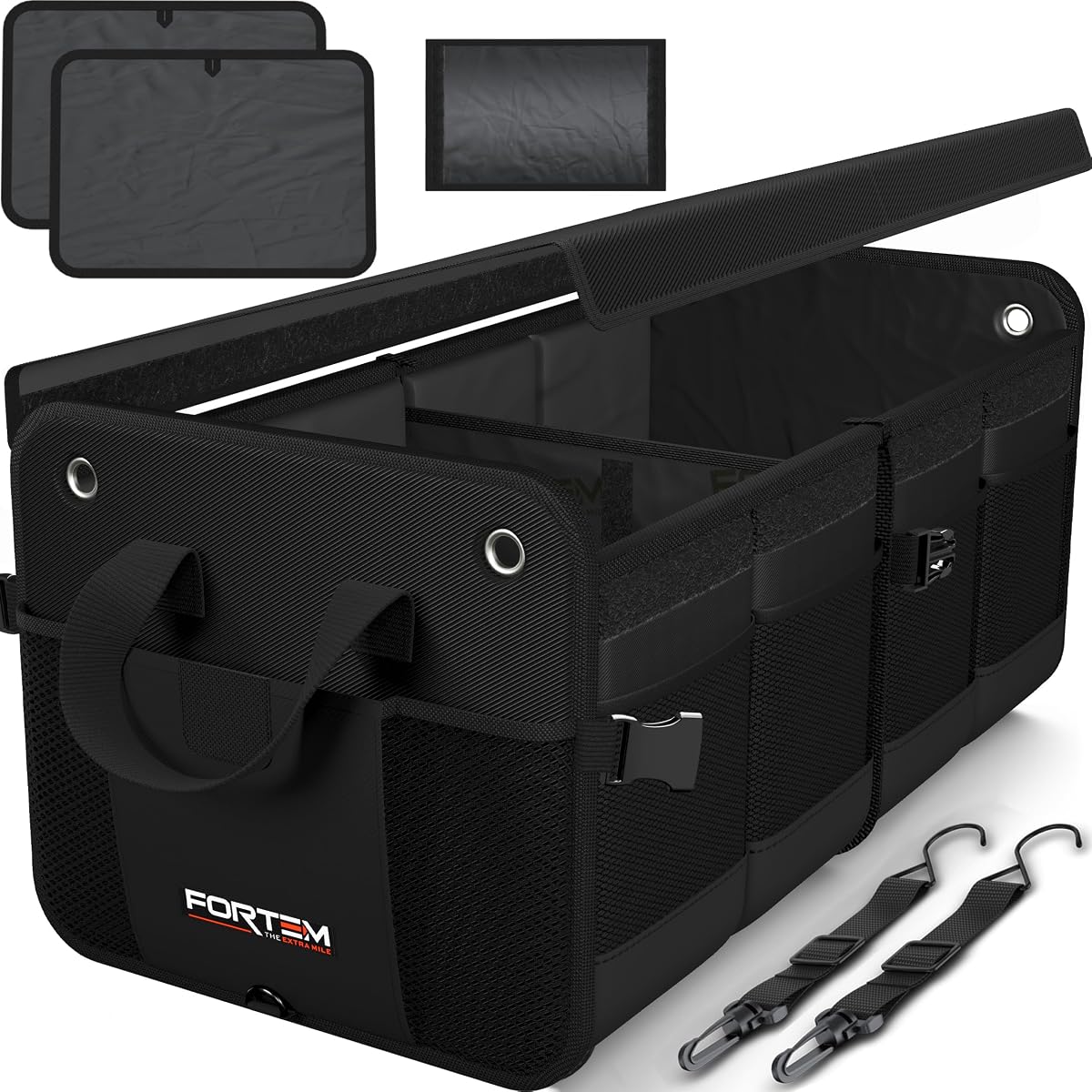 Organizador de maletero FORTEM - Organizador de coche plegable y bolsa de almacenamiento para SUV | Accesorios de Coche para Hombres y Mujeres, Bolsa Nevera, Fondo Antideslizante, Correas, Funda Suave, Oxford 1680D, 3 Compartimentos, Negro, 50L
