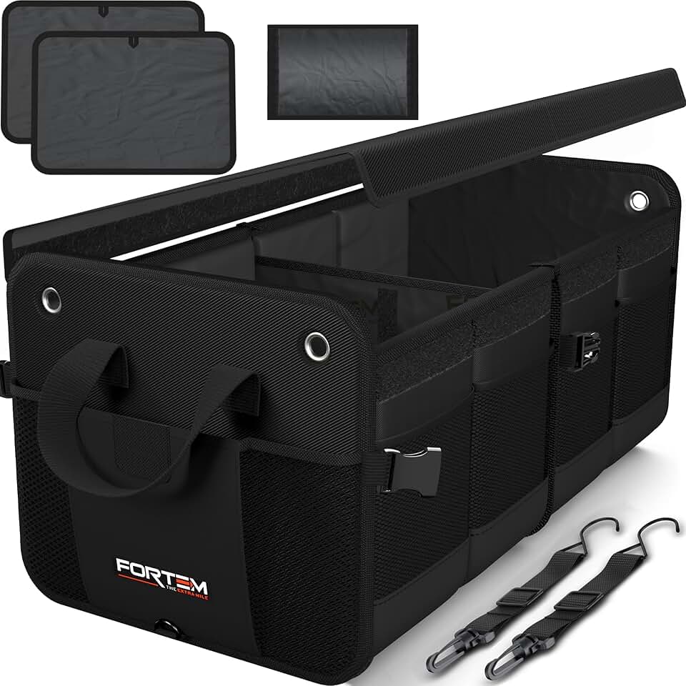 FORTEM Organizador Maletero SUV, Caja Plegable con Compartimentos, Accesorios Auto Mujer Hombre, Tela Oxford 1680D, Base Antideslizante, Correas Ajustables, Tapa Suave (65L)
