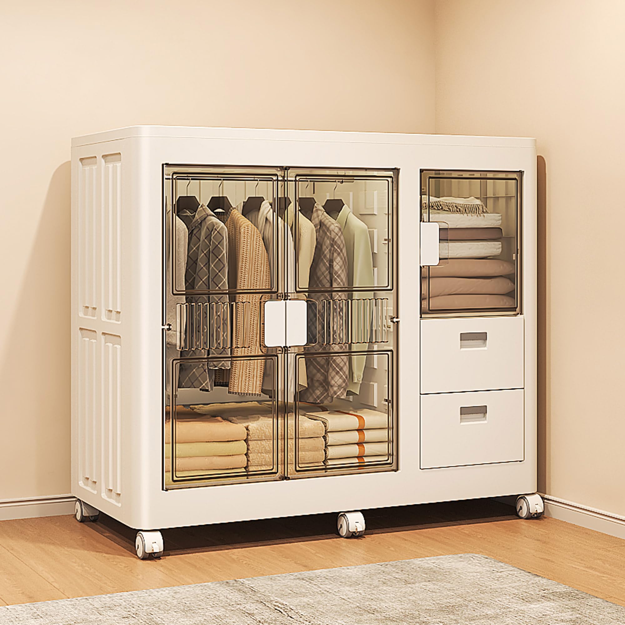 Well Home Cajas de almacenaje apilables con puerta frontal, Organizador modular plegable con ruedas, Modularidad eficiente, Multiespacios, Armario plegable con 2 Compartimentos y 2 Cajones