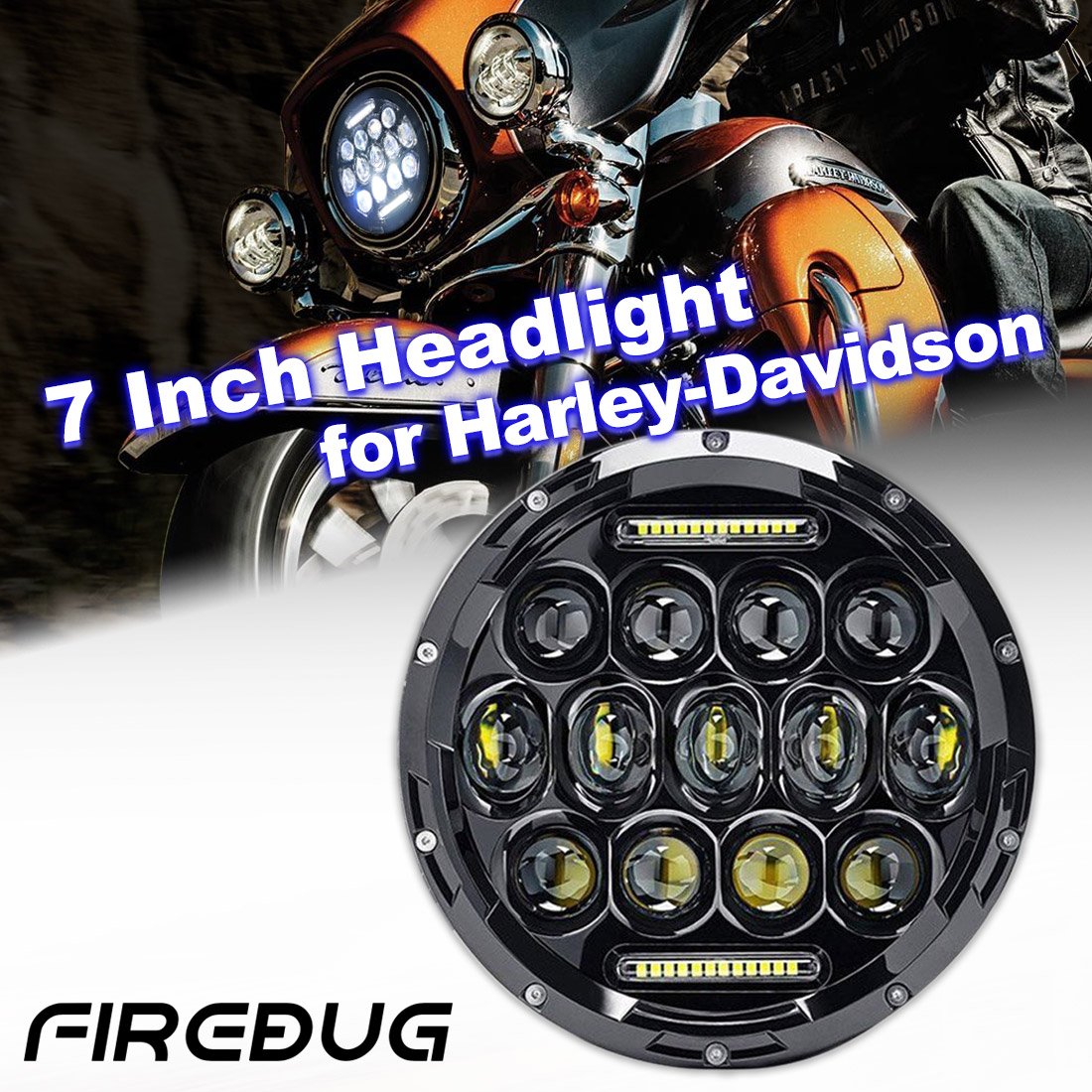 Firebug 75W Cree LED Headlight DRL Black, LED Headlight Harley Davidson Motorcycle Daymaker, LED Motorcycle Headlight 7", LED Projector Daymaker Headlight, Jeep Wrangler LED Headlight, Jeep Headlight