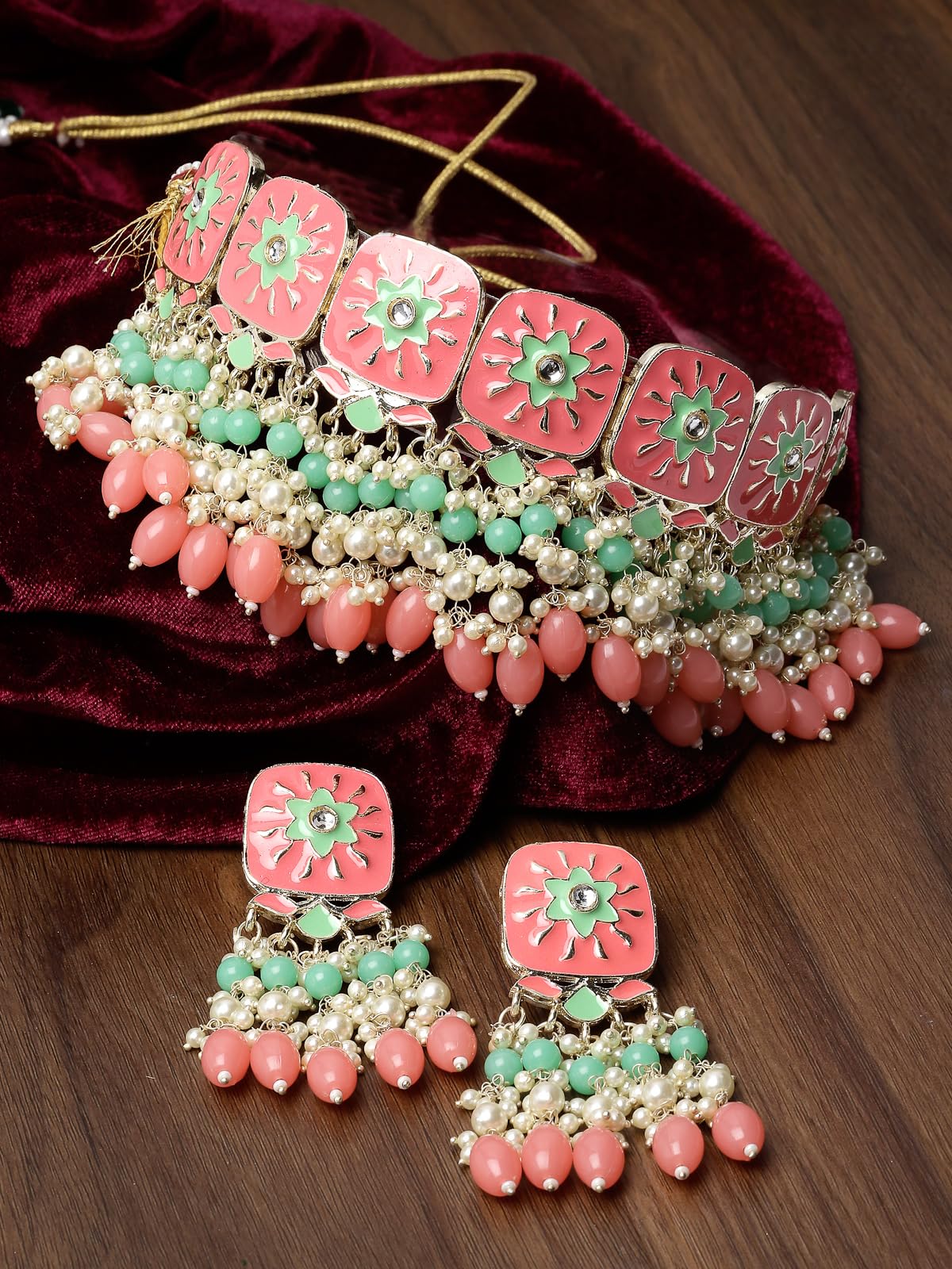 Enamel Multicolor Choker Necklace Set with Earrings