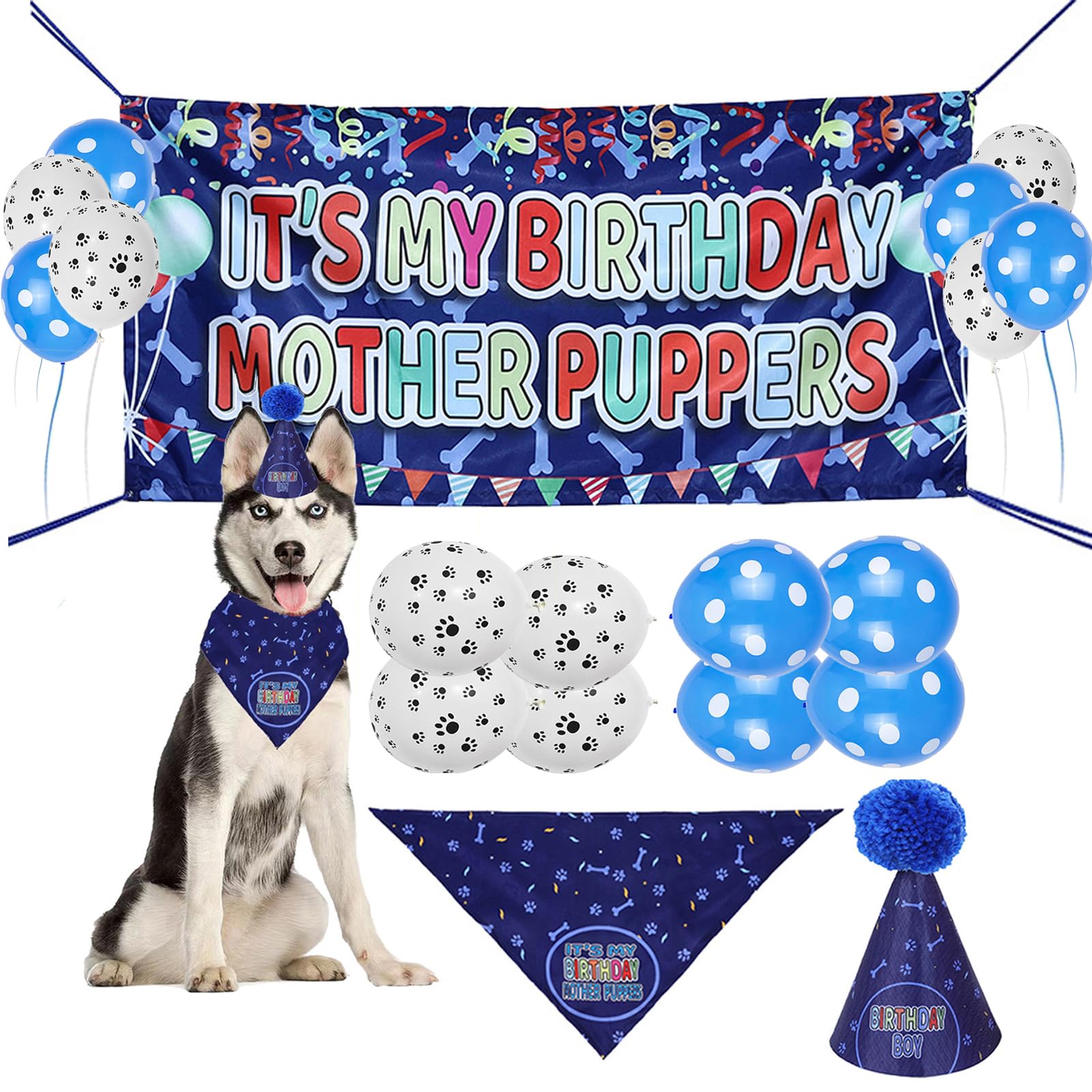Dog Birthday Decorations Set Includes Hat Bandana Banner and Balloons, Complete Pet Cat Puppy Dog Birthday Party Supplies (Blue)