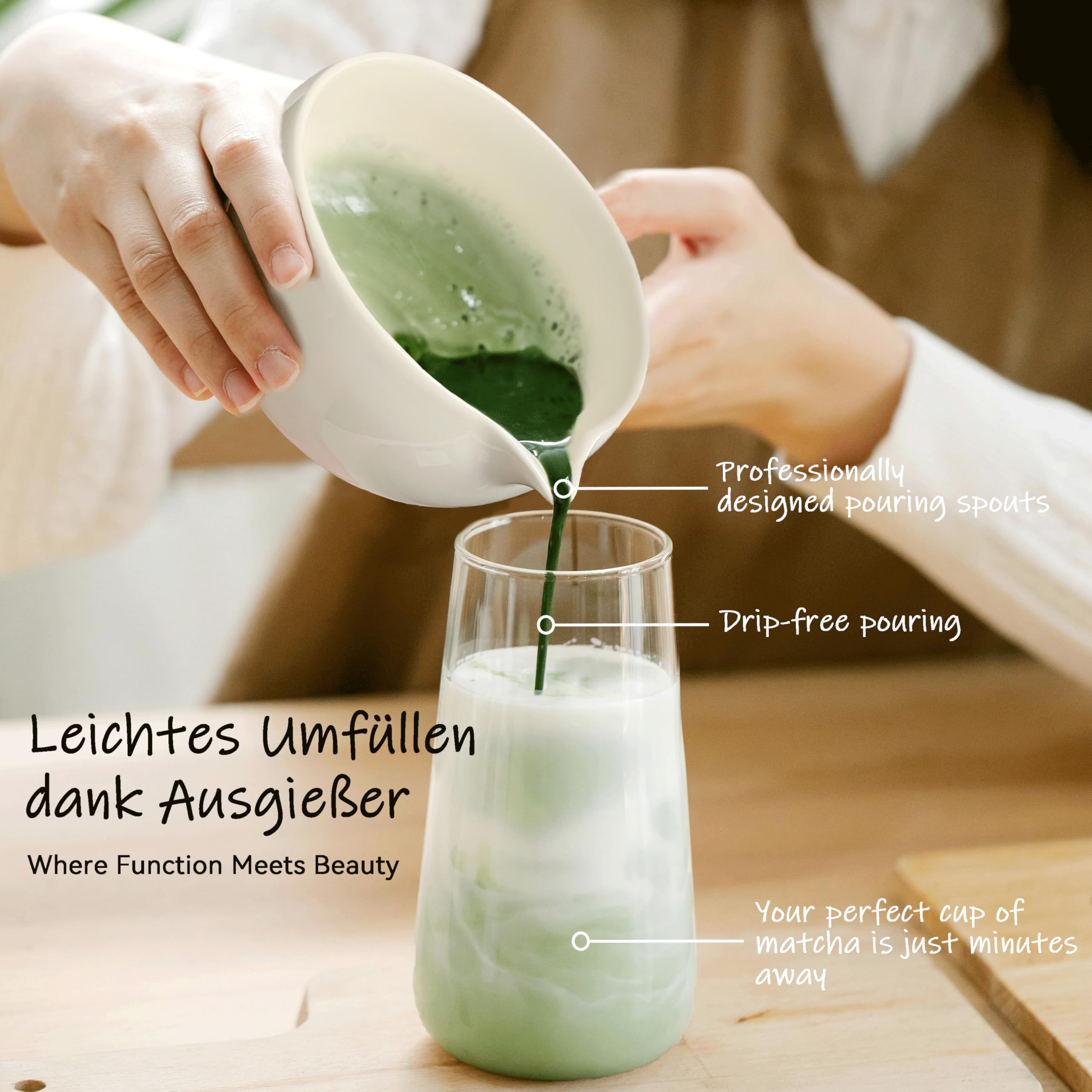 Set de Matcha Beige 8 Piezas – Juego Premium con Cuenco con Vértice, Batidor de Bambú (Chasen), Cuchara y Colador – Regalo Original para Matcha Latte