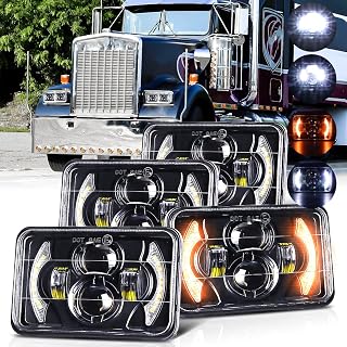 DZCULB 4x6 LED Headlights Dot Approved 4pcs High and Low Beam with White/Amber DRL Halo Turn Signal Rectangular Headlight Replacement H4651 H4652 H4656 H4666 H6545 for Truck Ford Probe Kenworth