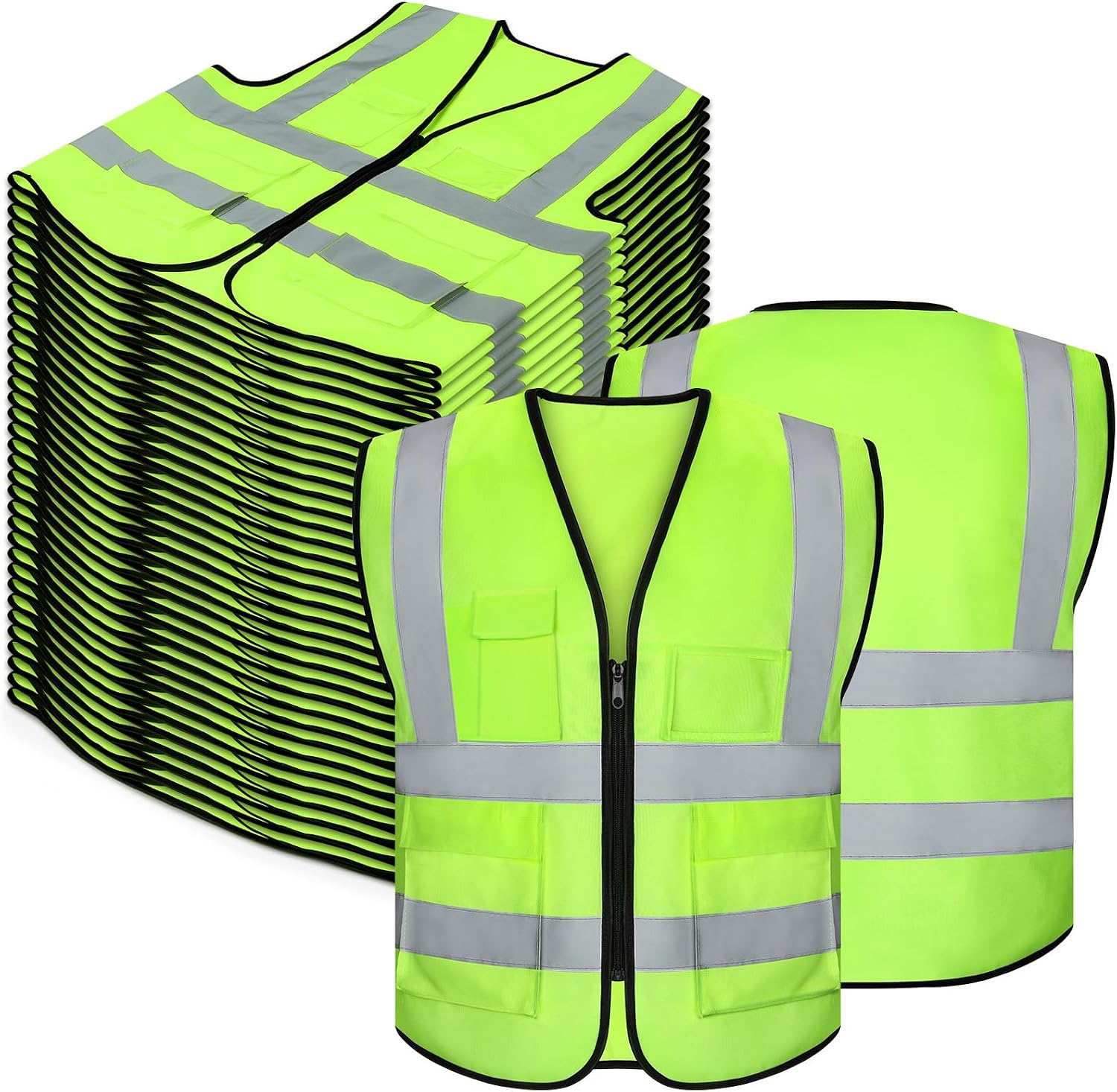 Relaxweex 100 Pack Reflective Safety Vests with Pockets and Zipper, High Visibility Strips Work Vest Bulk for Men and Women