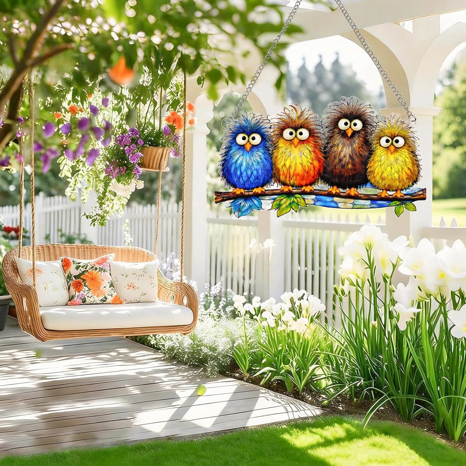 Stained Glass Window Hanging - Funny Fluffy Birds Suncatcher for Windows Doors Home Decor, Colorful Crazy Birds on Branch Sun Catcher Gift for Women Mom Nana Bird Lovers Christmas Mother's Day 7.8 in