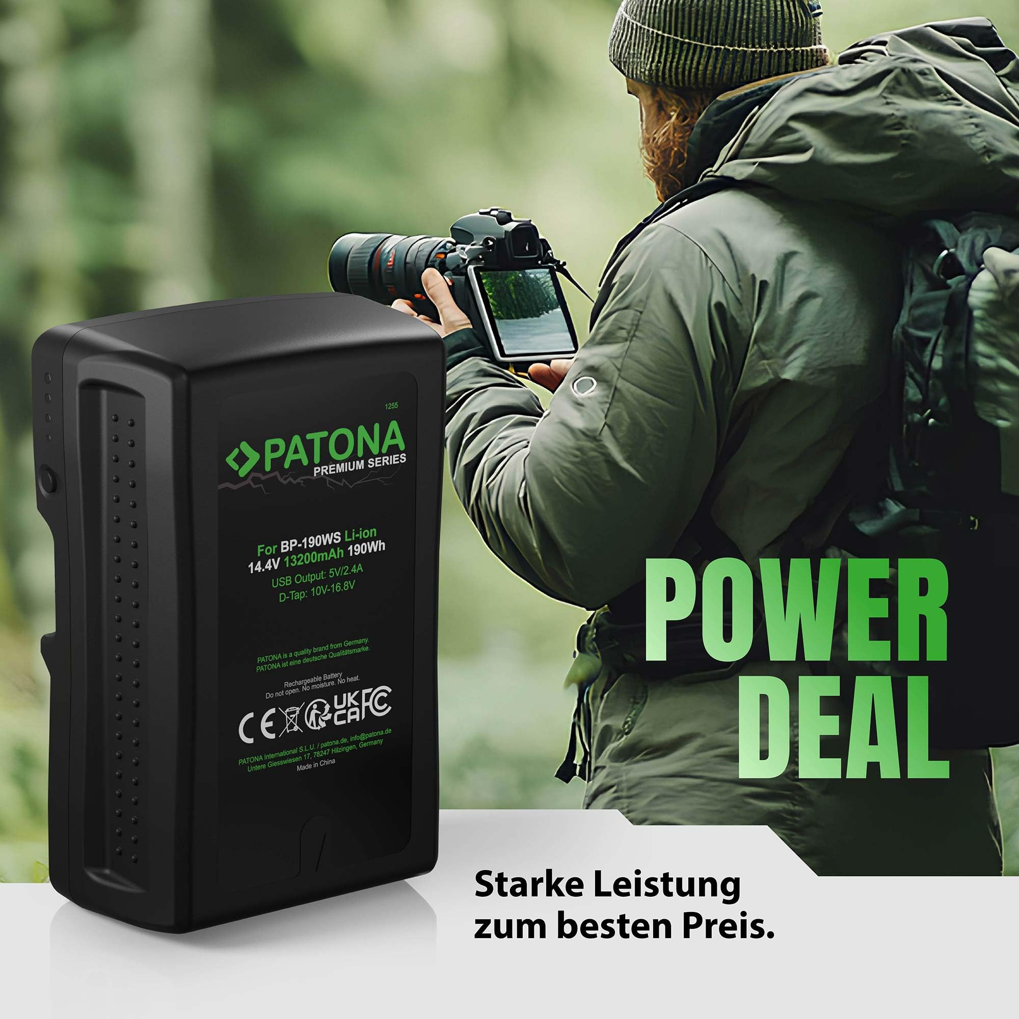 PATONA Premium V-Mount Akku 190Wh Ersatz für Sony BP-190WS BP-GL95 BP-GL65 | Ersatzakku 14.4V 13200mAh mit D-Tap & USB-Ausgang, LED-Anzeige - für Broadcast-Camcorder, URSA & Video-Licht