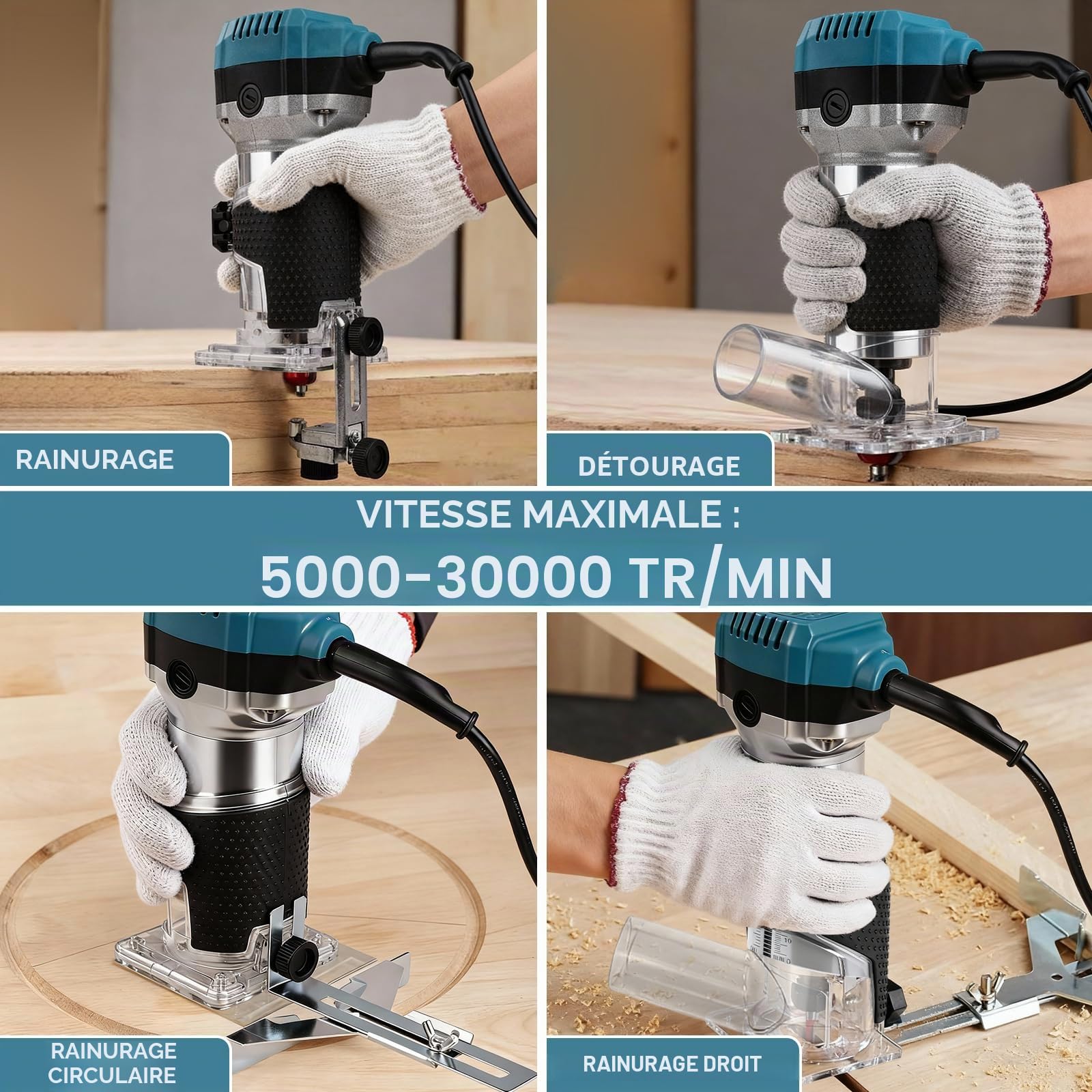 Affleureuse Defonceuse A Bois éLectrique, 1000W 30000 RPM Routeur à Bois éLectrique Fraiseuse Avec 6 Vitesses Variables, Bois Affleureuse DéFonceuse Trimmer Avec 15pcs 1/4" Pinces Bits