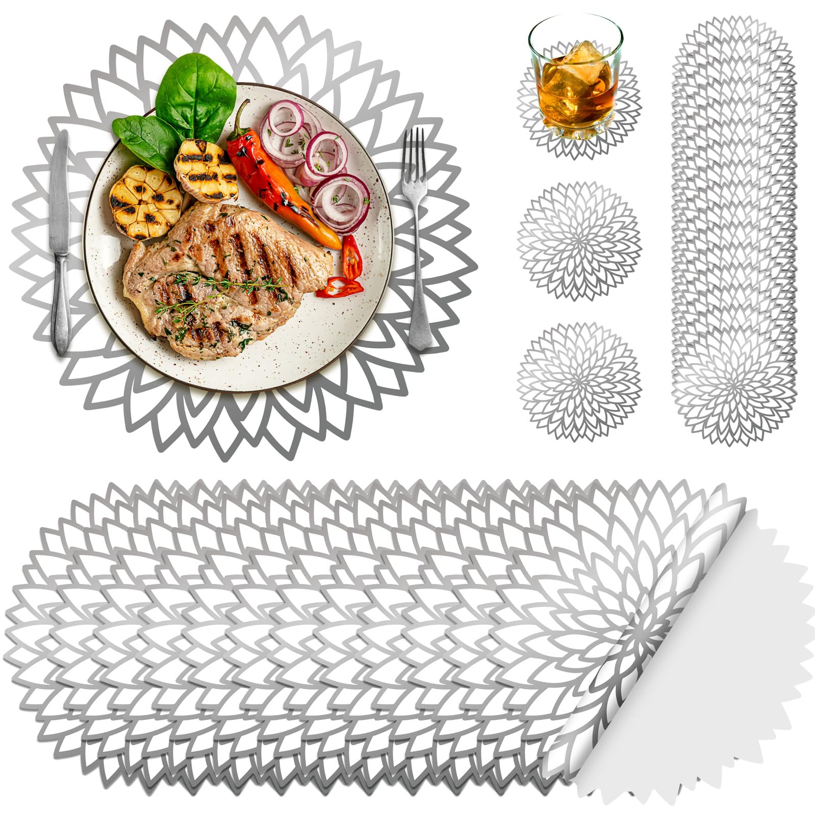 Geosar 200 Disposable Paper Placemats and Coasters Set Summer Hawaiian Luau Placemat with Coasters Outdoor Indoor for Greenery Jungle Dining Table Decoration Shower Birthday(Silver Metallic)