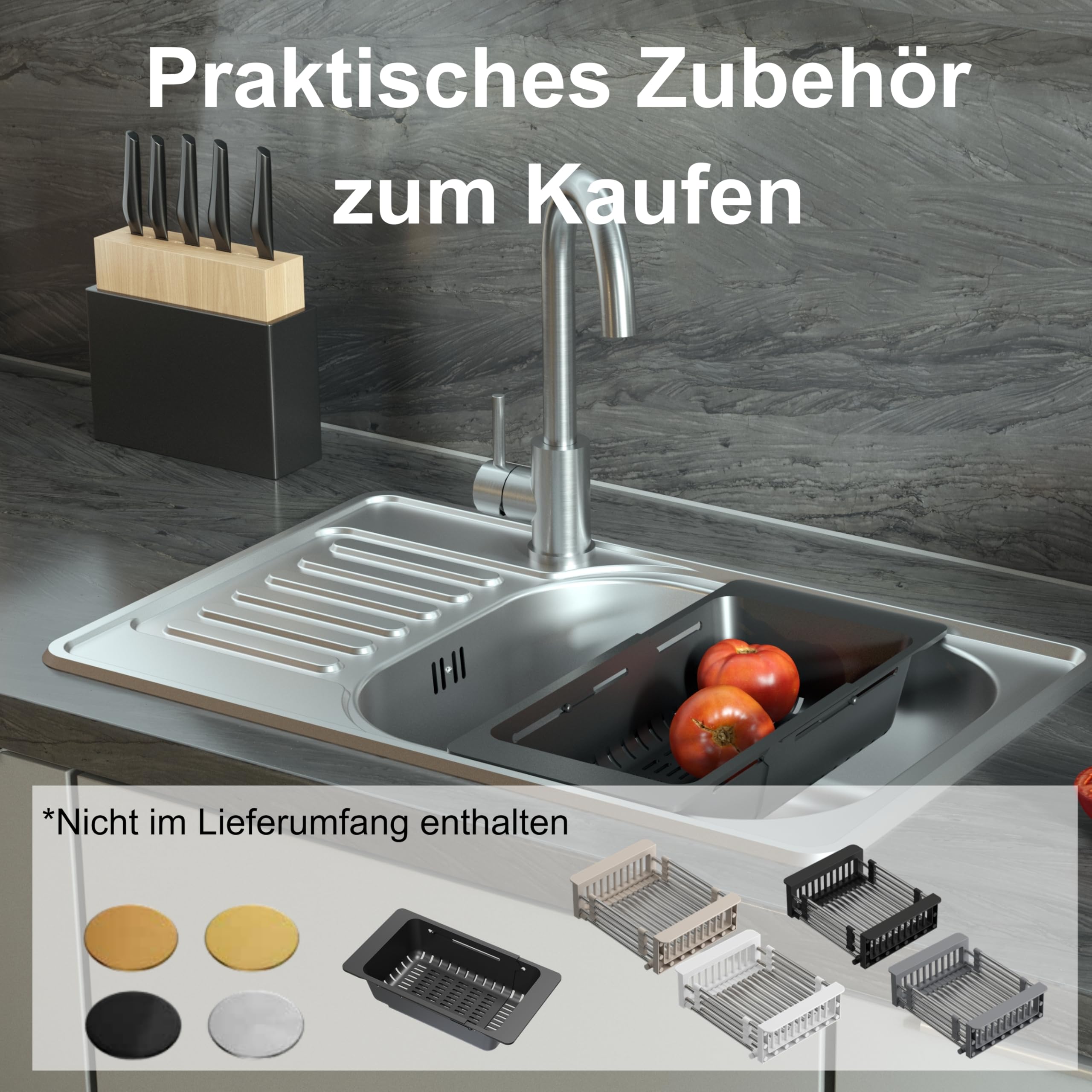 QUADRON Moderne Spüle Einbeckenspüle Edelstahl | Größe 50 cm Farbe: Flachs | EDDIE Einzelbecken | Küchenspüle | Abfluss inklusive | Edelstahlspüle passt in einen Schrank von mindestens 50 cm