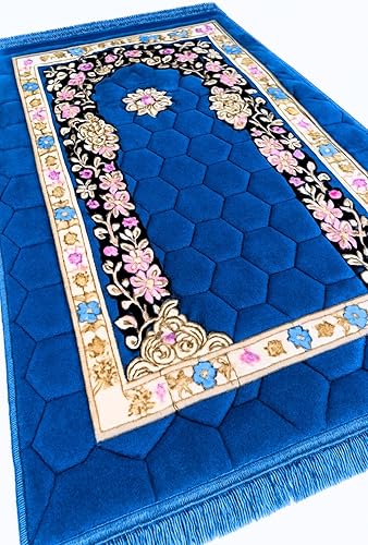 Tapete de oración musulmana Alfombra gruesa acolchada para hombres y mujeres con cuentas islámicas para viajes Eid Ramadán, suave y lujoso (azul)