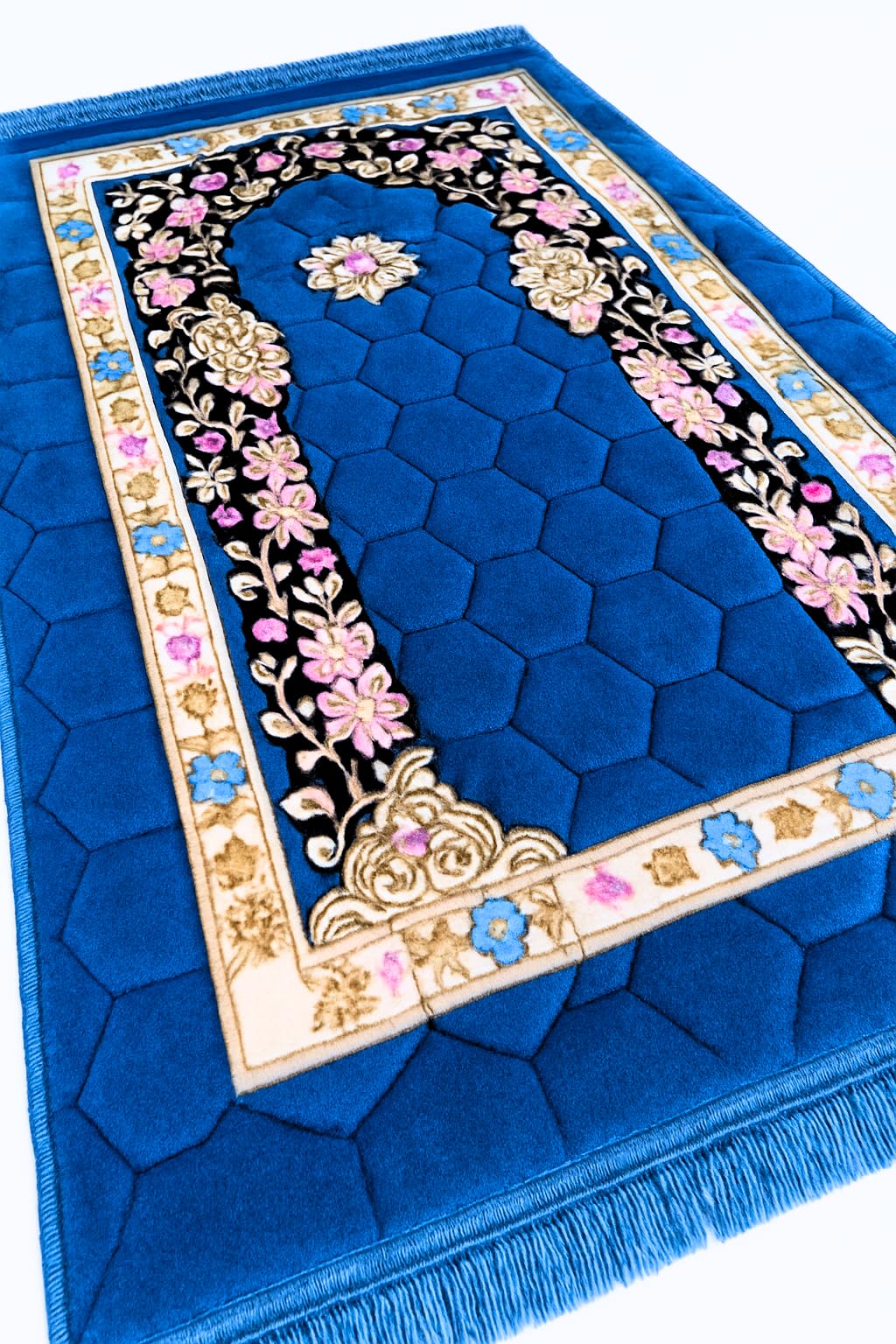 Muslim Prayer Mat - Padded Thick Rug Sajadah for Men Women with Islamic Beads for Eid Travel Ramadan, Soft and Luxury (Blue)
