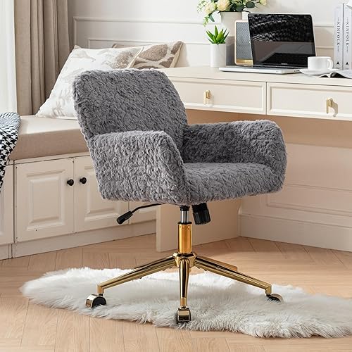 Miniatura 114 de Silla moderna de peluche para oficina en casa, bonita silla de escritorio tapizada con patas de metal dorado, silla giratoria ajustable con ruedas,