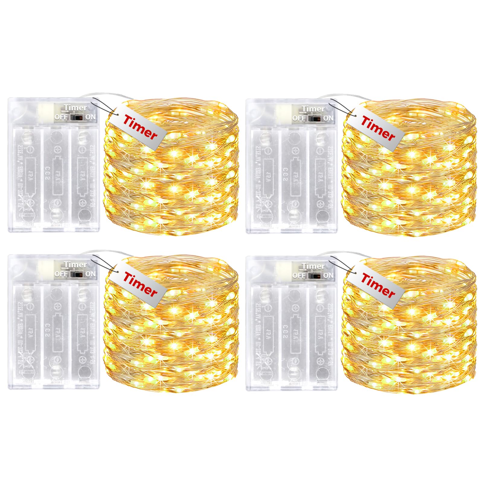 4 Pack Fairy Lights Battery Operated with Timer,10M 100LED String Lights