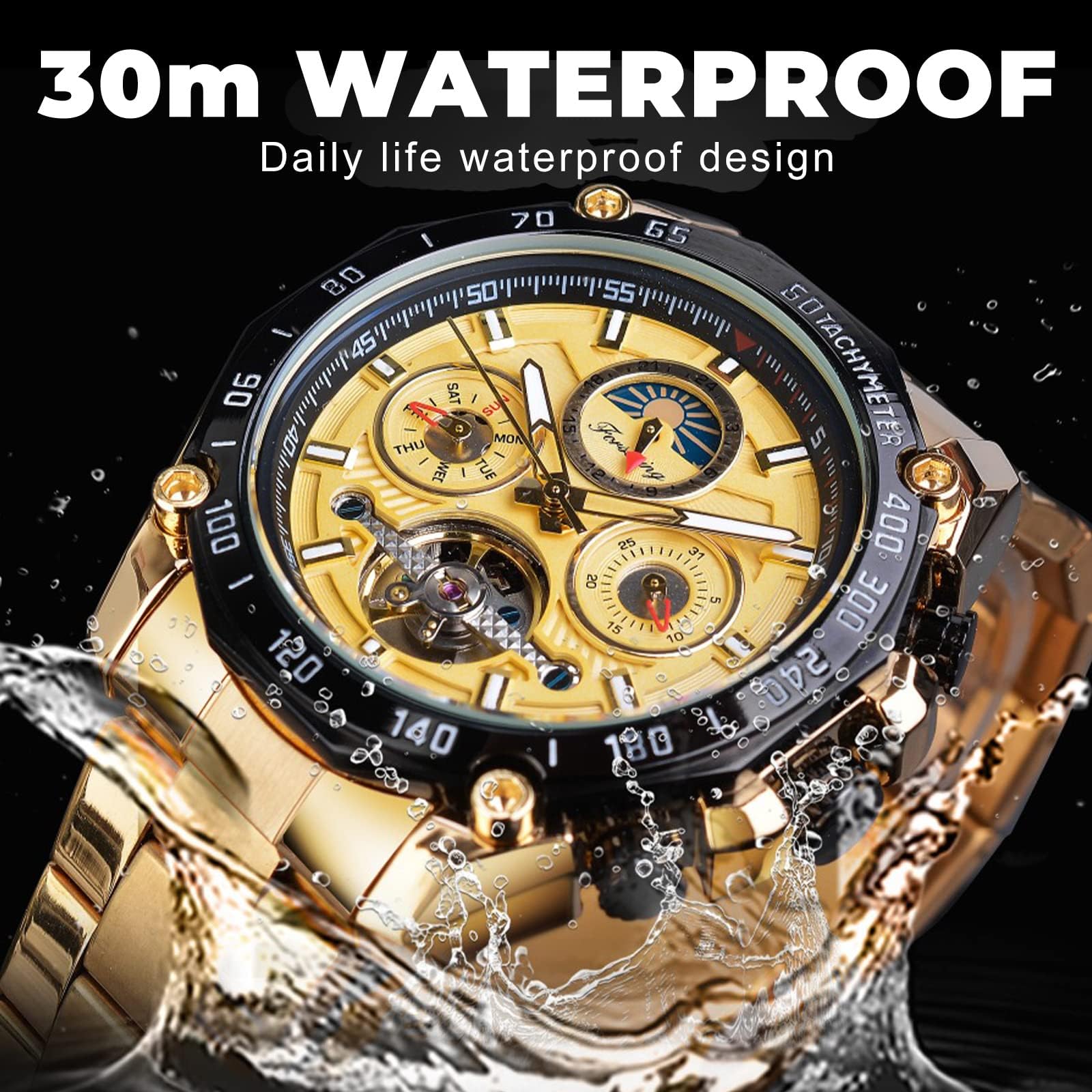 Forsining Tourbillon Herrenarmbanduhr, automatisch, mechanisch, selbstaufziehend, luxuriös, Mondphase, Edelstahl, 44 mm, großes schwarzes Zifferblatt, Goldfarben, Mechanisch