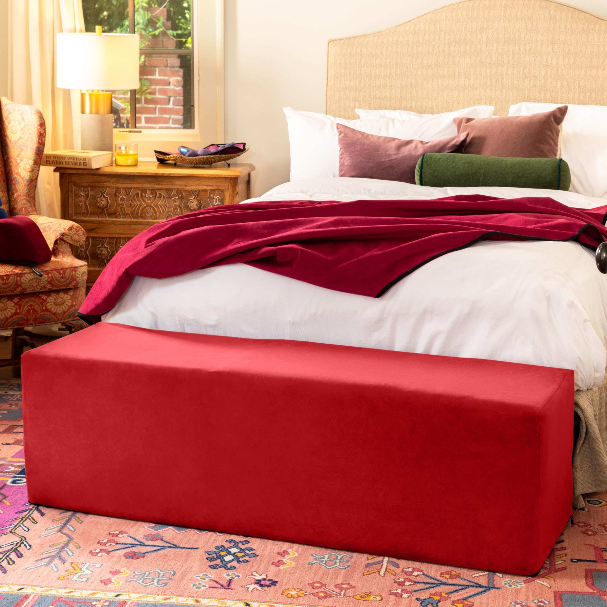 Avana Kami Convertible Chaise/Bed Bench for Yoga & Massage - 2-in-1 End of Bed Ottoman with Concealed Fold Out Yoga Lounge Chair, Microvelvet Rose: Red 18" Wide