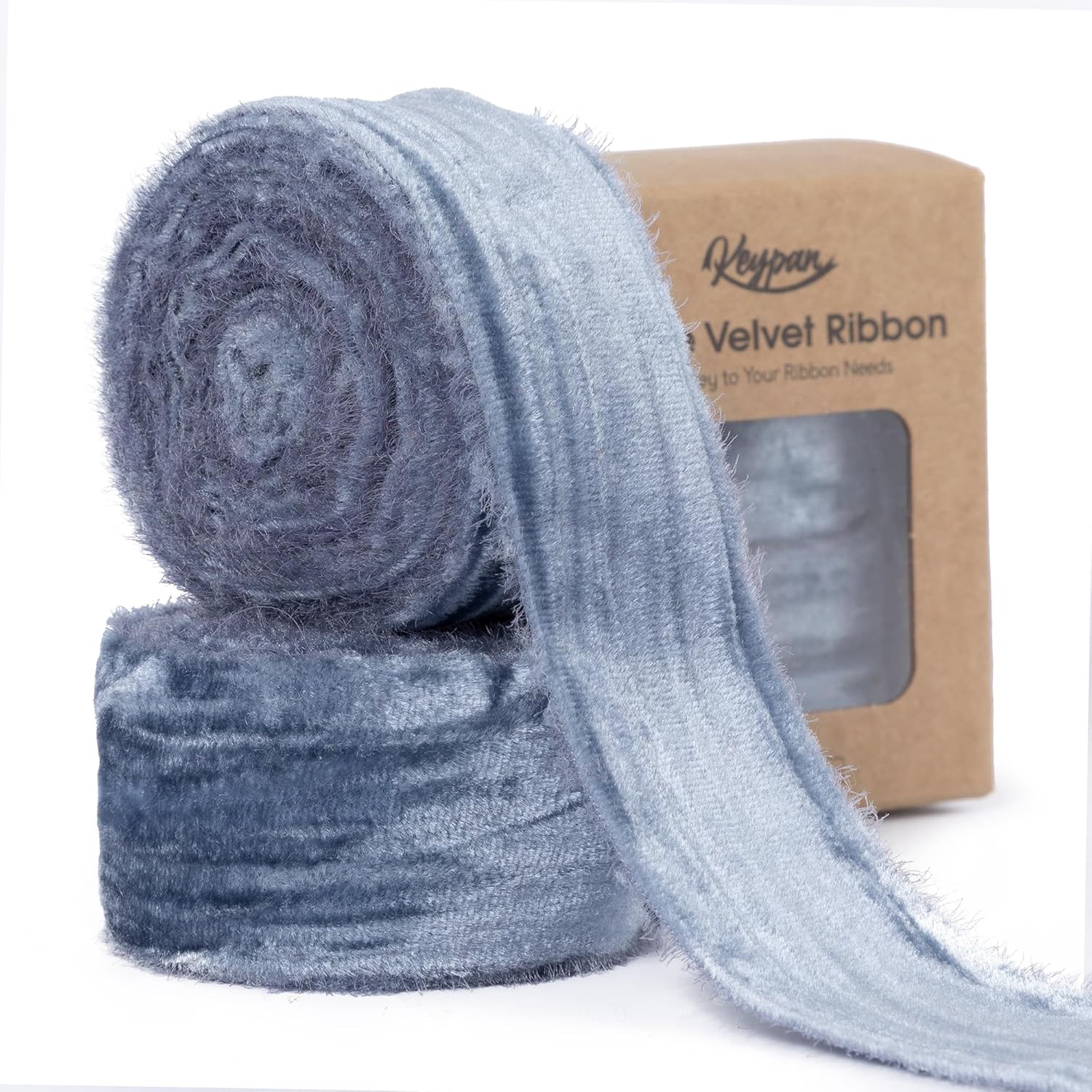 Dusty Blue Velvet Ribbon 1-1/2 Inch x 6 Yd Crinkled Handmade Frayed Vintage Ribbons for Christmas Gift Wrapping Tree Home Decor Wreath Craft Ornaments