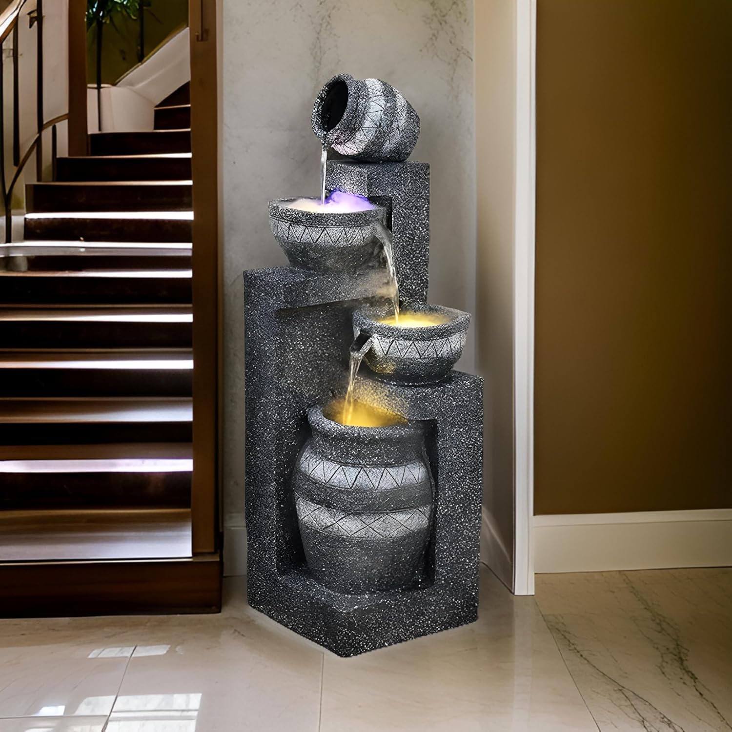 Free 15PCS Crystals+ 4.9 ft Clay Pot Simple Flowing Water Fountain Floor-Standing Decoration Living Room Office feng Shui Wheel Landscape Decoration Opening Gift