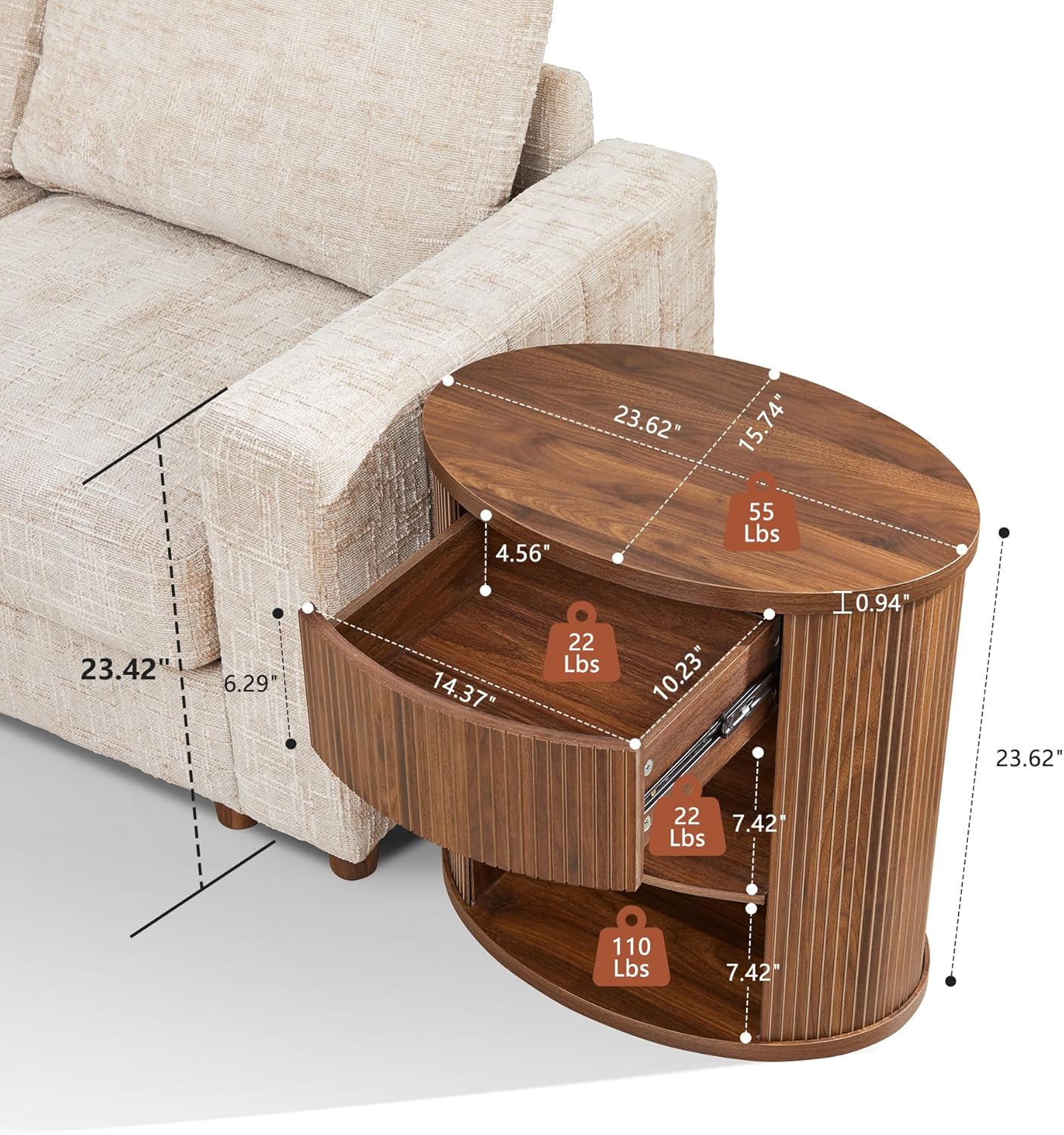 Fluted Round End Table with Storage Set of 2, Farmhouse Side Table with Drawer and Open Shelf, Small Night Stand Table for Dorm, Bedroom, Sofa Side Table for Living Room - Walnut