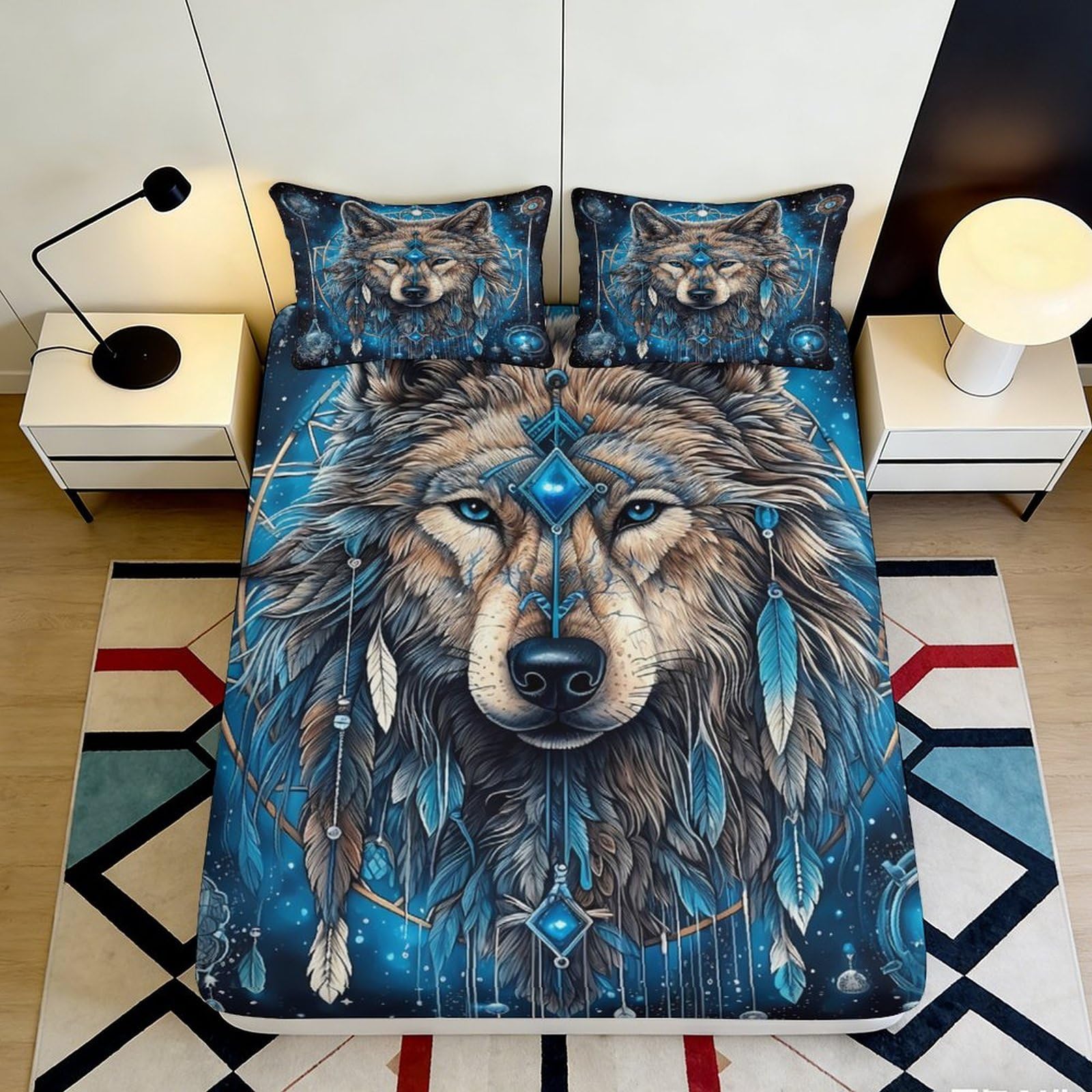 3D Printed Wolf Dreamcatcher Fitted Sheet Microfiber Soft Breathable Blue Bed Cover with 3D Wolf Print Mattress Cover for Bedroom Dormitory Guest Room 180x200x25cm