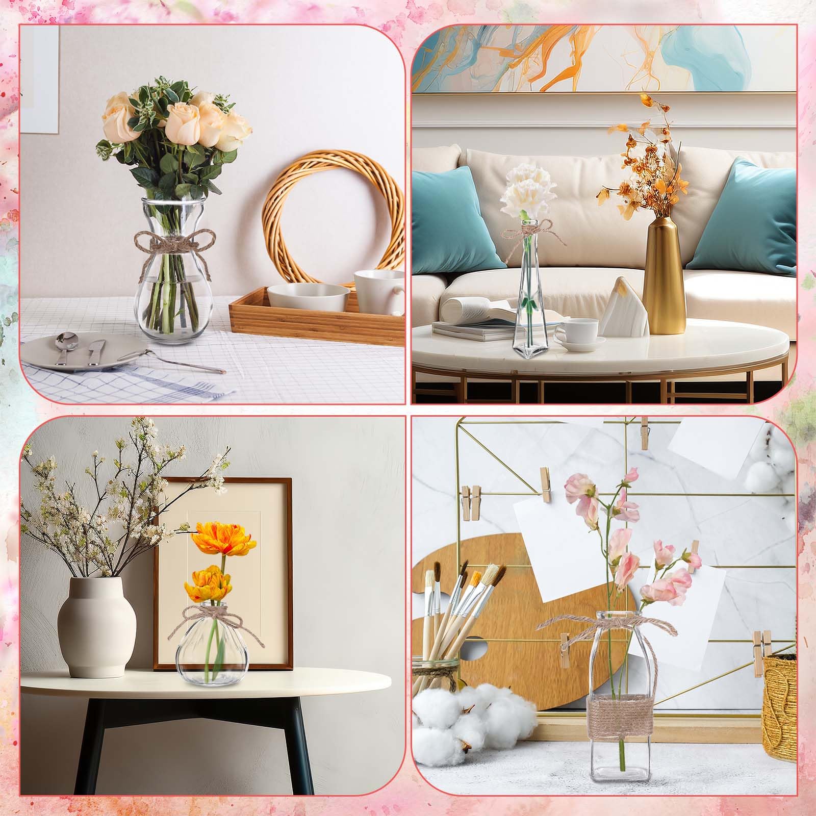 KXVXXV Set van 6 kleine glazen vazen voor tafeldecoratie en bruiloftsdecoratie, kleine bloemenvazen, glazen vazen voor tafeldecoratie verschillende vormen, mini vintage decoratieve vazenset