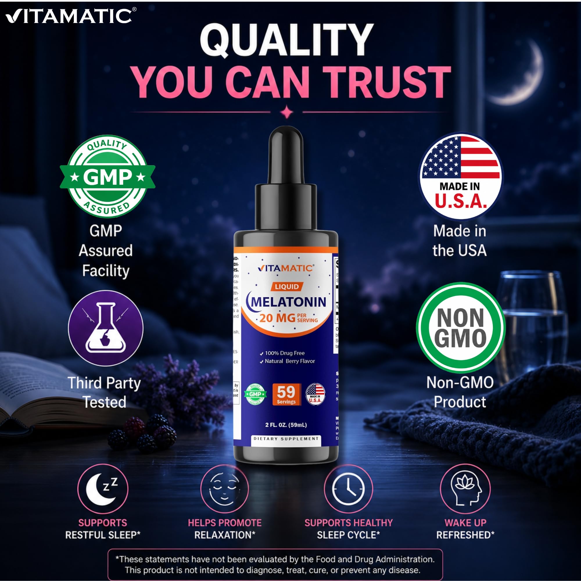 Vitamatic Liquid Melatonin 20 mg, Natural Berry Flavor, 2 fl oz, 2 Pack — Amazon image 7