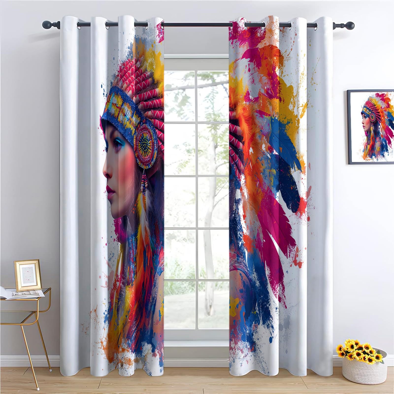 Generico Tende Interni Oscuranti Termiche Con Occhielli Boemia Set Di 2 - Tende Bella Donna Che Indossa Un Copricapo Di Piume Con Stampa Per Soggiorno Camera Da Letto, 140 X 260 Cm Multicolore