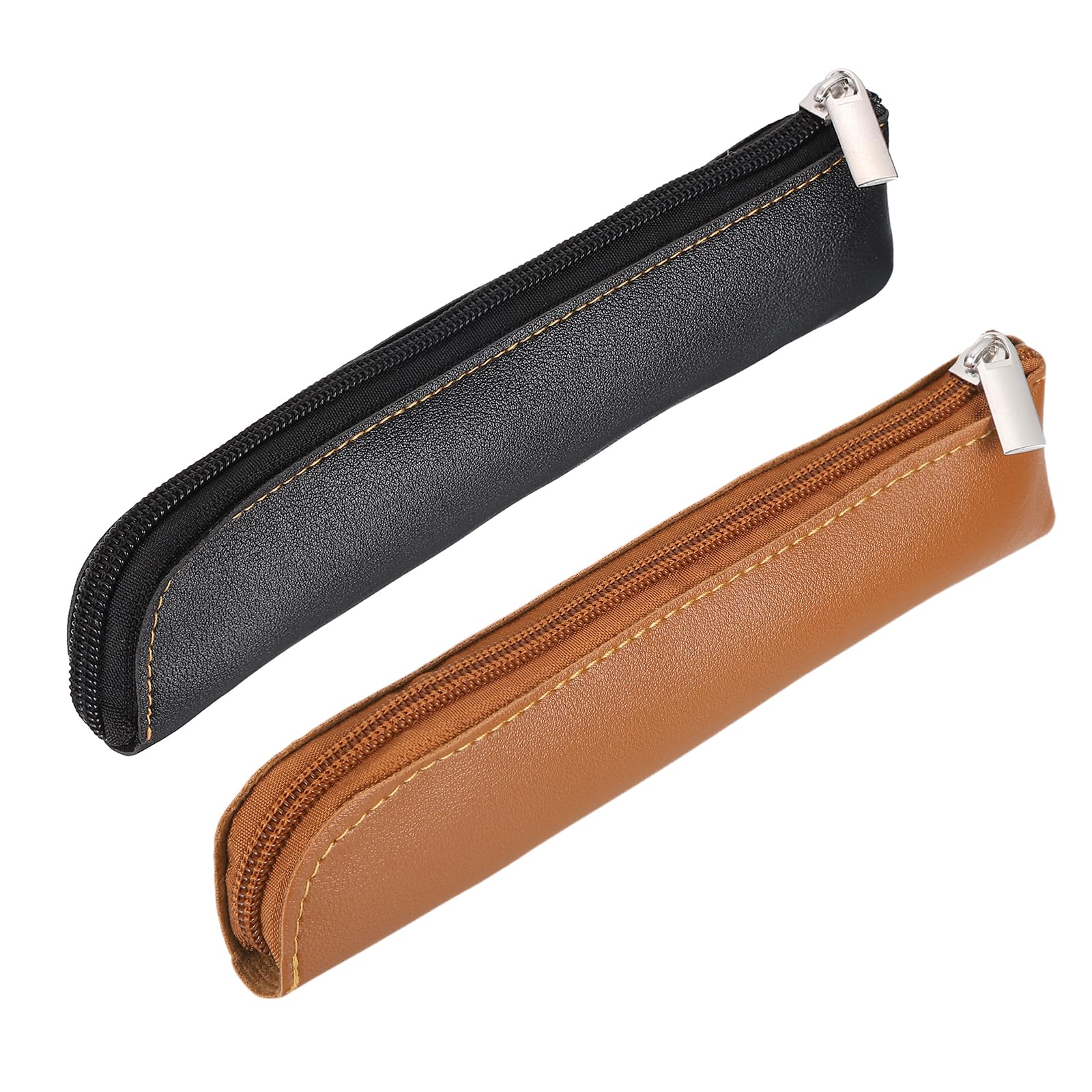 PATIKIL 210x55mm PU Leather Pencil Case, 2 Pcs Small Pen Pouch, Slim Pencil Case with Zipper Nappa-Textured Stationery Bag for Pens Markers Women Men, Black/Brown