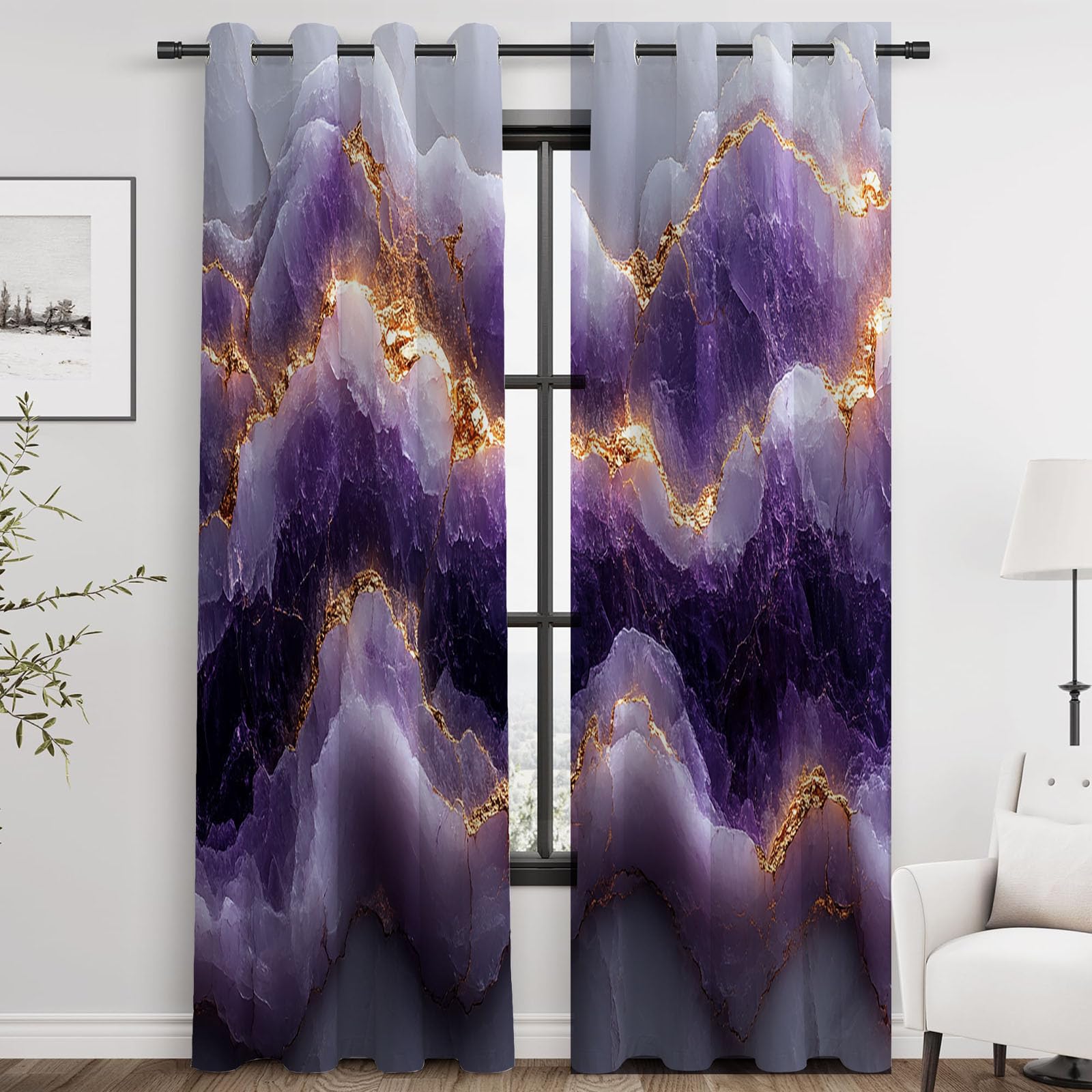 Abstrakt Vorhänge Blickdicht Gardinen Tiefpurpurne Kristall-Goldtextur Modern Wellen Blumen Vorhang Verdunklungsvorhänge für Schlafzimmer Wohnzimmer Fenster-H180 x B100 cm (2er Pack)