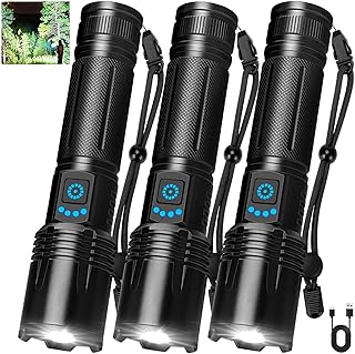 3 Pack Rechargeable Flashlights High Lumens, 99,000 Lumens Super Bright LED Flashlight for Home Camping, Handheld Flash Light Waterproof Flashlight with 5 Modes & Adjustable Function