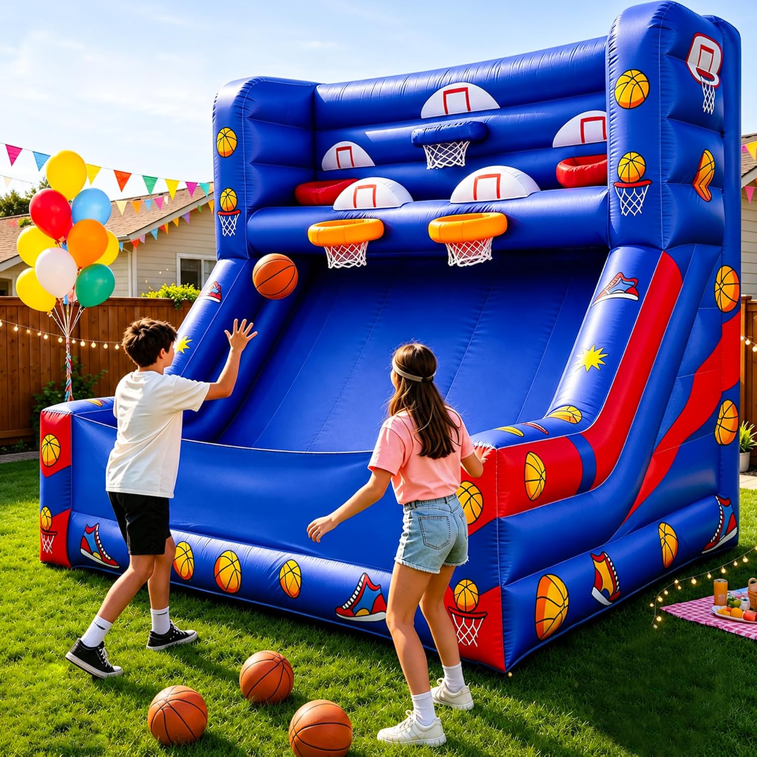 Inflatable Multi‑Hoop Basketball Game with Blower,13.12’L x 9.84’W x 9.84’H Giant Basketball Shoot Game,Complete Accessory Kit,Yard Party Carnival Family Hoop Game for Birthday Holiday Gathering