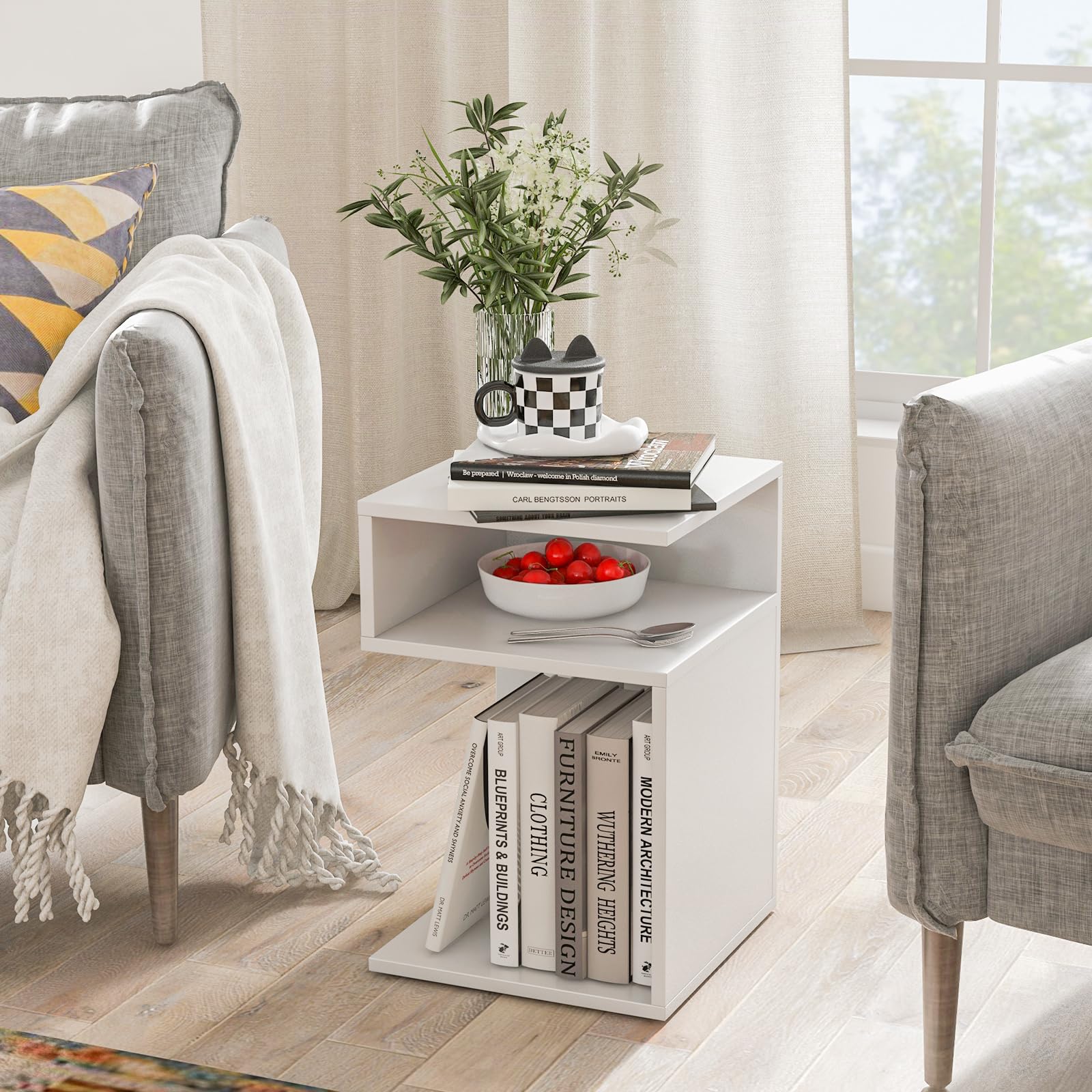 COSTWAY Tavolino Laterale da Salotto a Forma di S per Piccoli Spazi, Tavolino per Divano con 2 Scomparti Aperti, Comodino Moderno per Soggiorno, Camera da Letto e Studio, Bianco (1,Bianco)