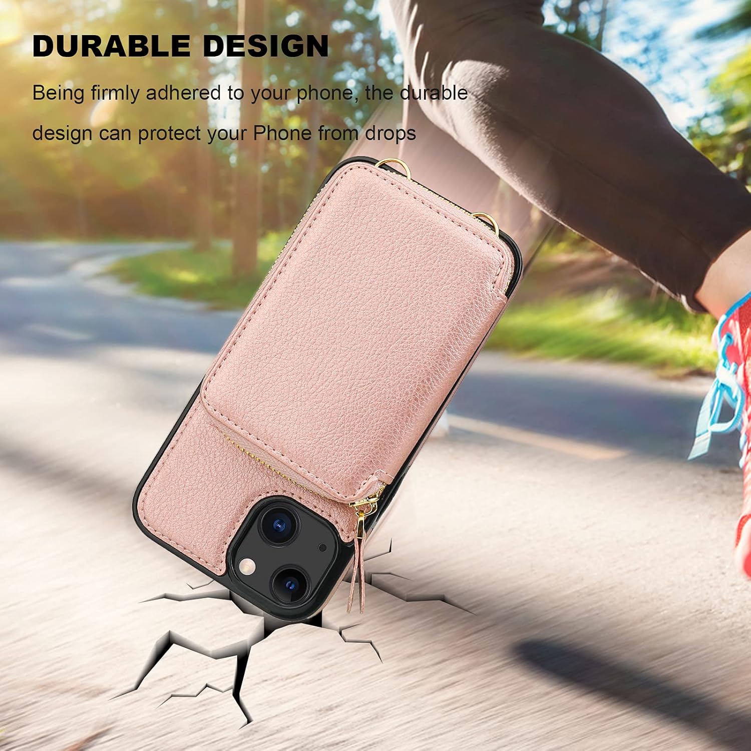 Bocasal RFID Blocking Wallet Case for iPhone 14 iPhone 13, Adjustable Crossbody Zipper Purse Case Card Holder with Kickstand Detachable Wrist Strap, PU Leather Flip Folio Case 6.1 Inch 5G (Rose Gold)