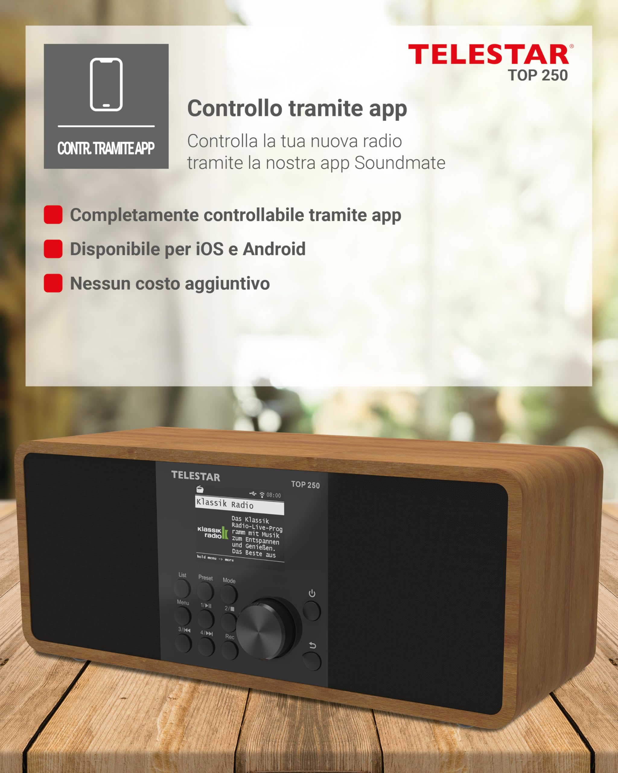 TELESTAR TOP 250 Radio DAB+ Internet Bluetooth Audio-Streaming 2x10W USB registrazione Legno