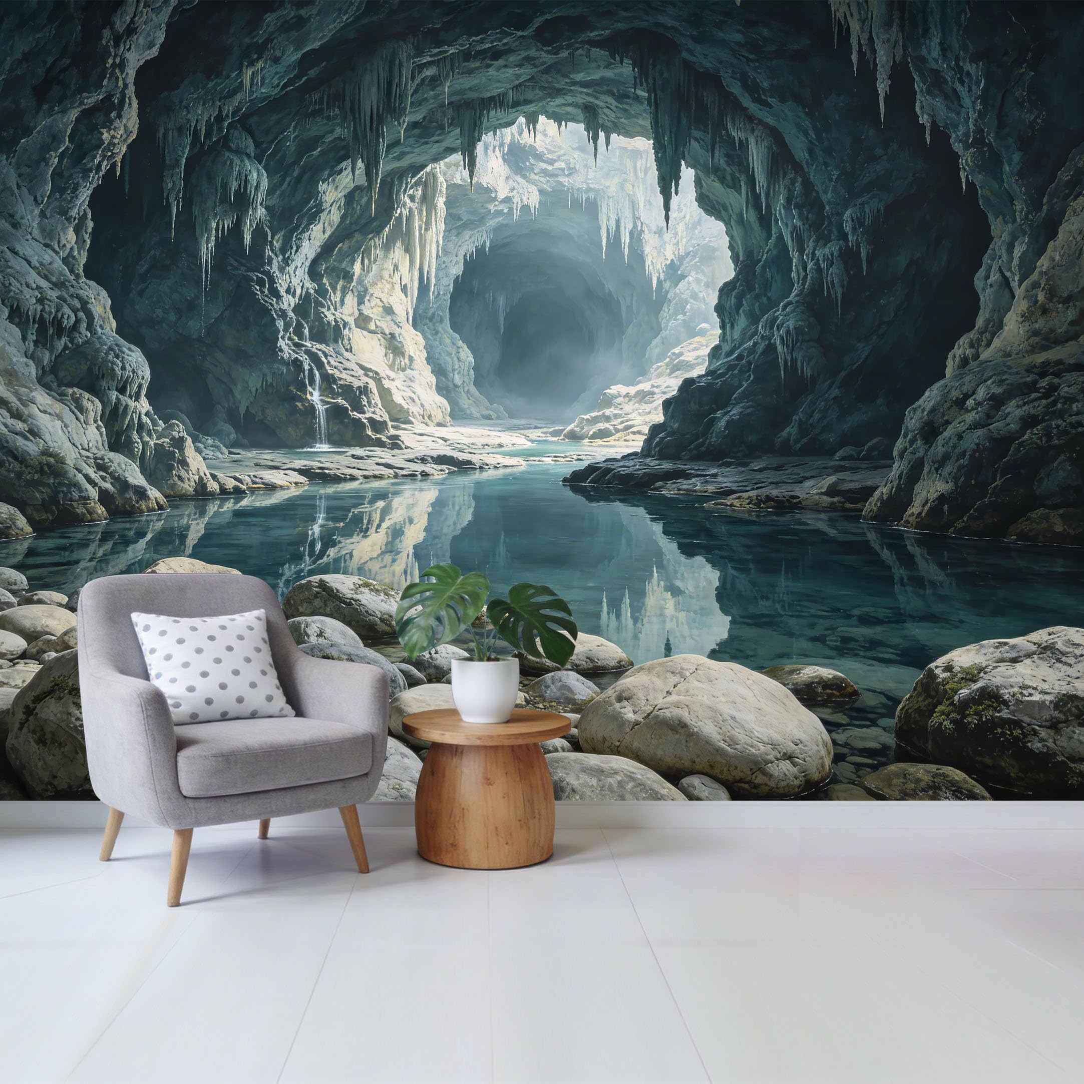 Custom Size Wall Mural Mysterious Underground Cave Stalactites Tranquil Lake Landscape 3D Removable Self Adhesive Fabric Home Wall Decor for Living Room Bedroom Bathroom