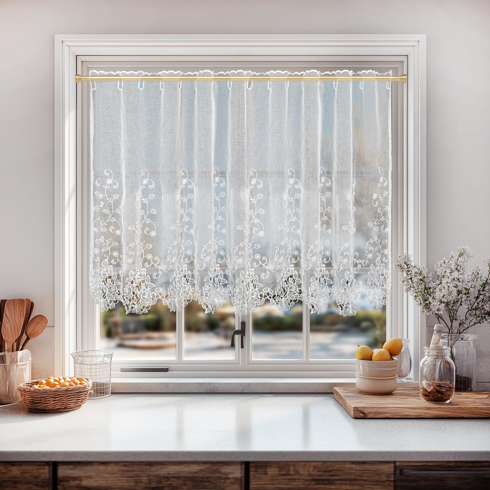 Cortina para puerta de cocina y pasillo en gasa blanca con bordado hueco, 90x150cm