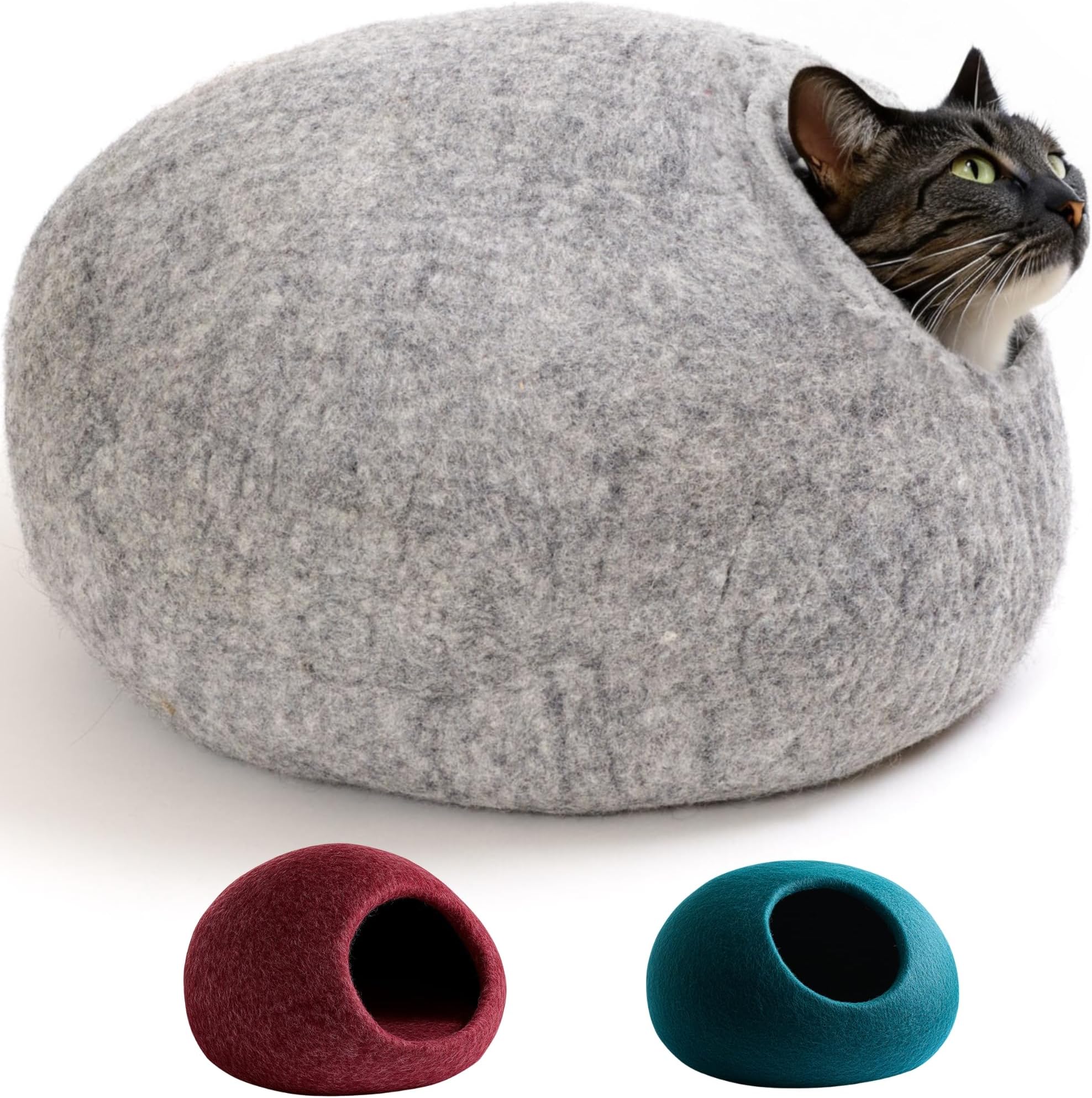 Cat bed cat cave cat house XL – also for big cats or small dogs – sturdy outside & cuddly soft inside – handmade of New Zealand wool – light grey