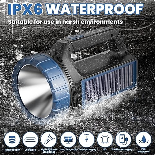 Miniatura 5 de Linterna solar, linterna solar para múltiples funciones de 8000 lúmenes con emergencia, linternas recargables portátiles brillantes para campamento,