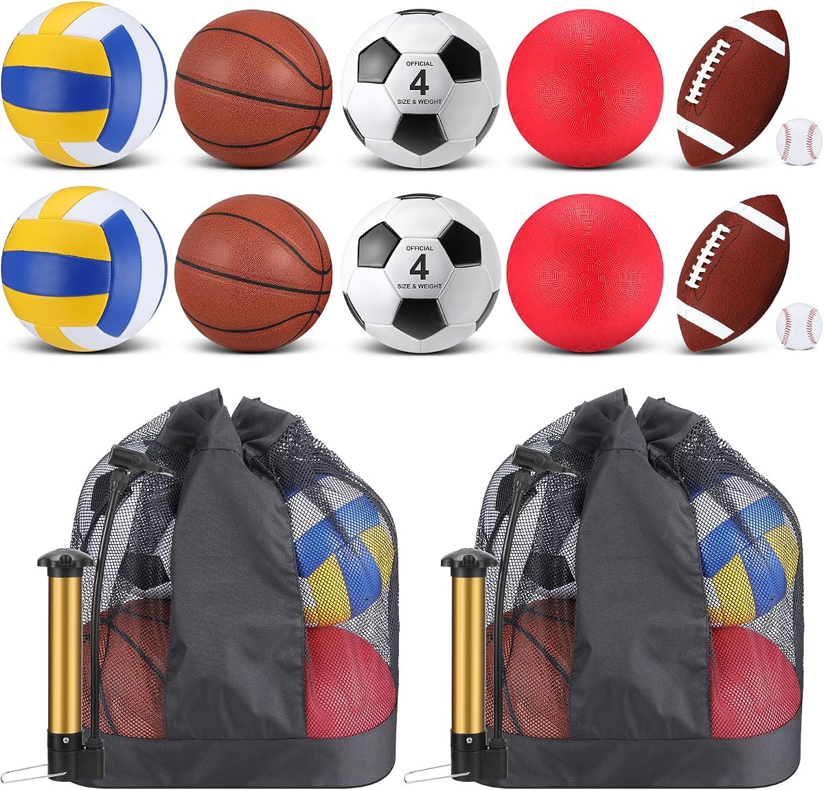 Deekin Juego de 12 pelotas deportivas surtidas para niños, tamaño oficial, baloncesto, fútbol, voleibol, fútbol, béisbol, pelota de juegos con bolsa y bomba para regalo para niños y jóvenes