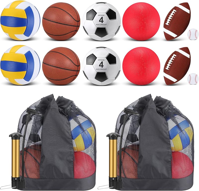 Deekin Juego de 12 pelotas zapatillas surtidas para niños, tamaño oficial, baloncesto, fútbol, ​​voleibol, fútbol, ​​béisbol, pelota de juegos con bolsa y bomba para regalo para niños y jóvenes