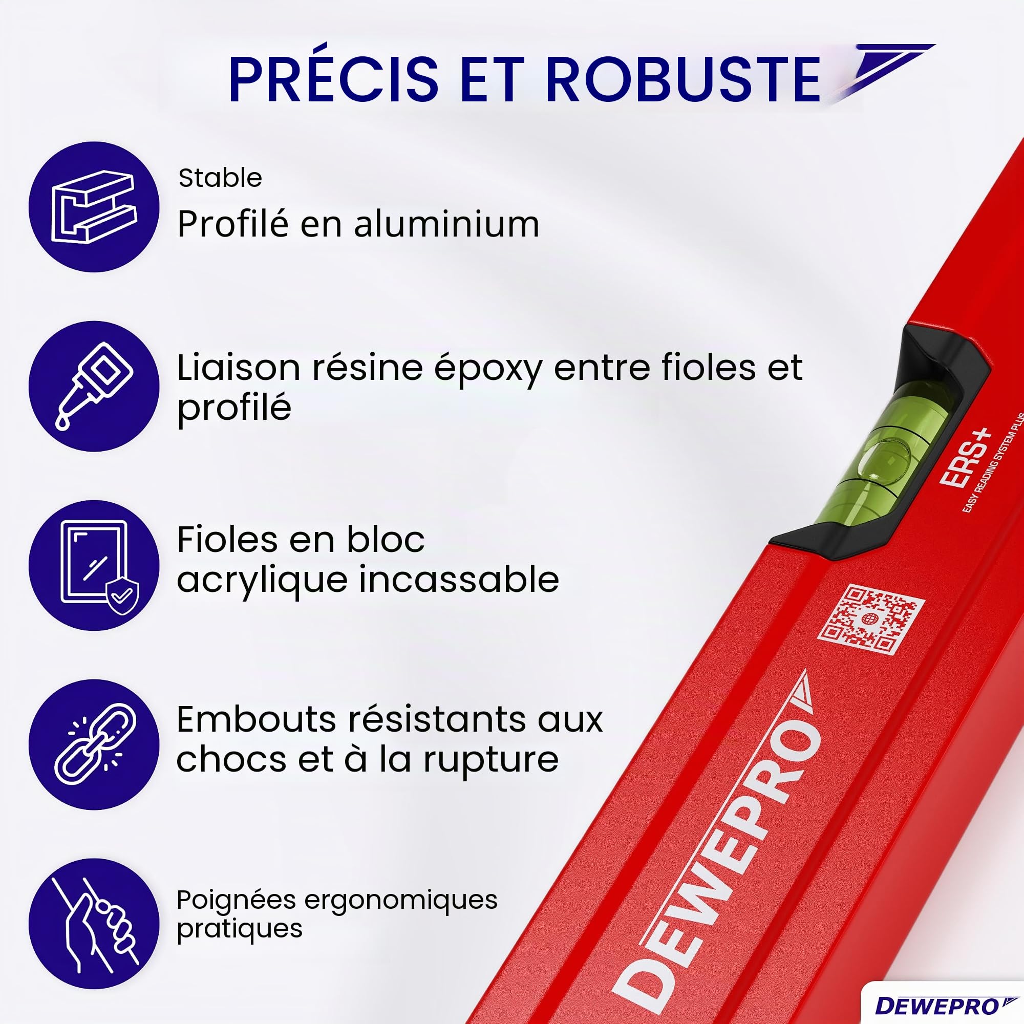DEWEPRO Niveau à bulle professionnel 1m en aluminium - rouge - longueur : 100cm - tolérance de mesure : 0,5mm/m