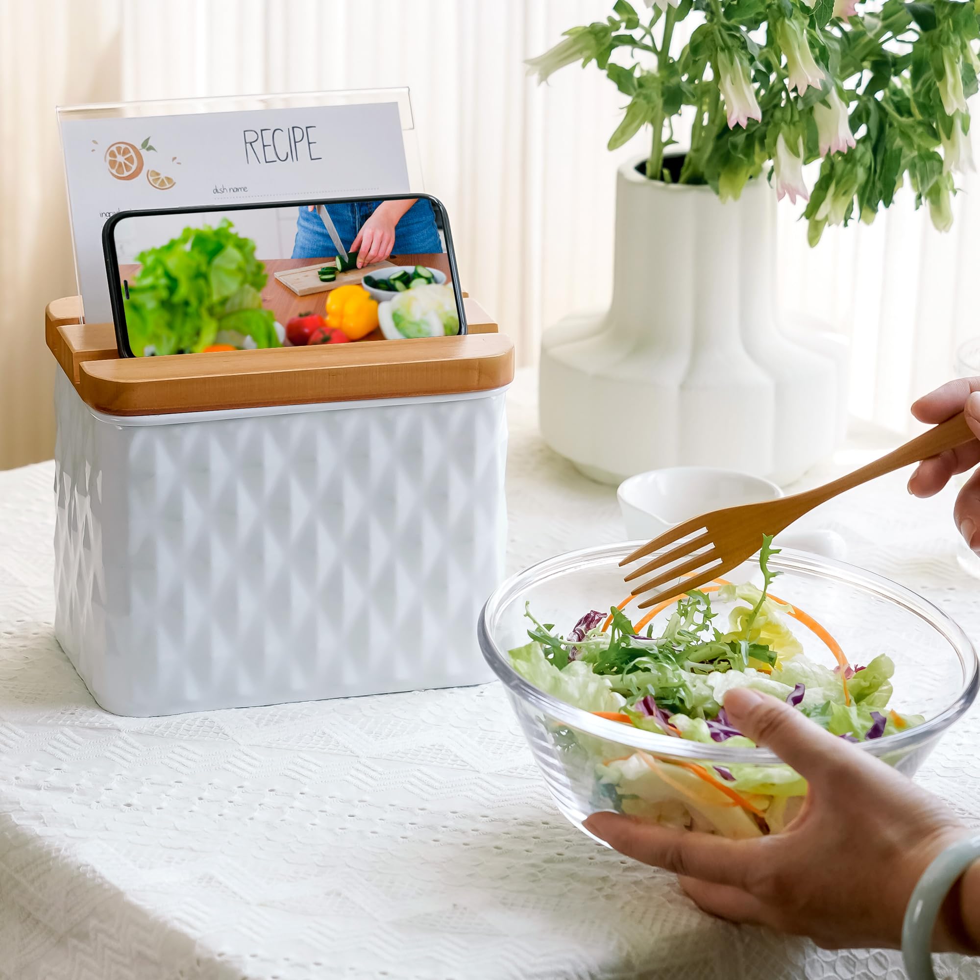 HOME PALETTE Recipe Box with Cards and Dividers Set 4x6 Recipe Holder for Kitchen Counter Metal White Diamond Pattern Embossed Recipe Card Box with Wooden Grooved Lid